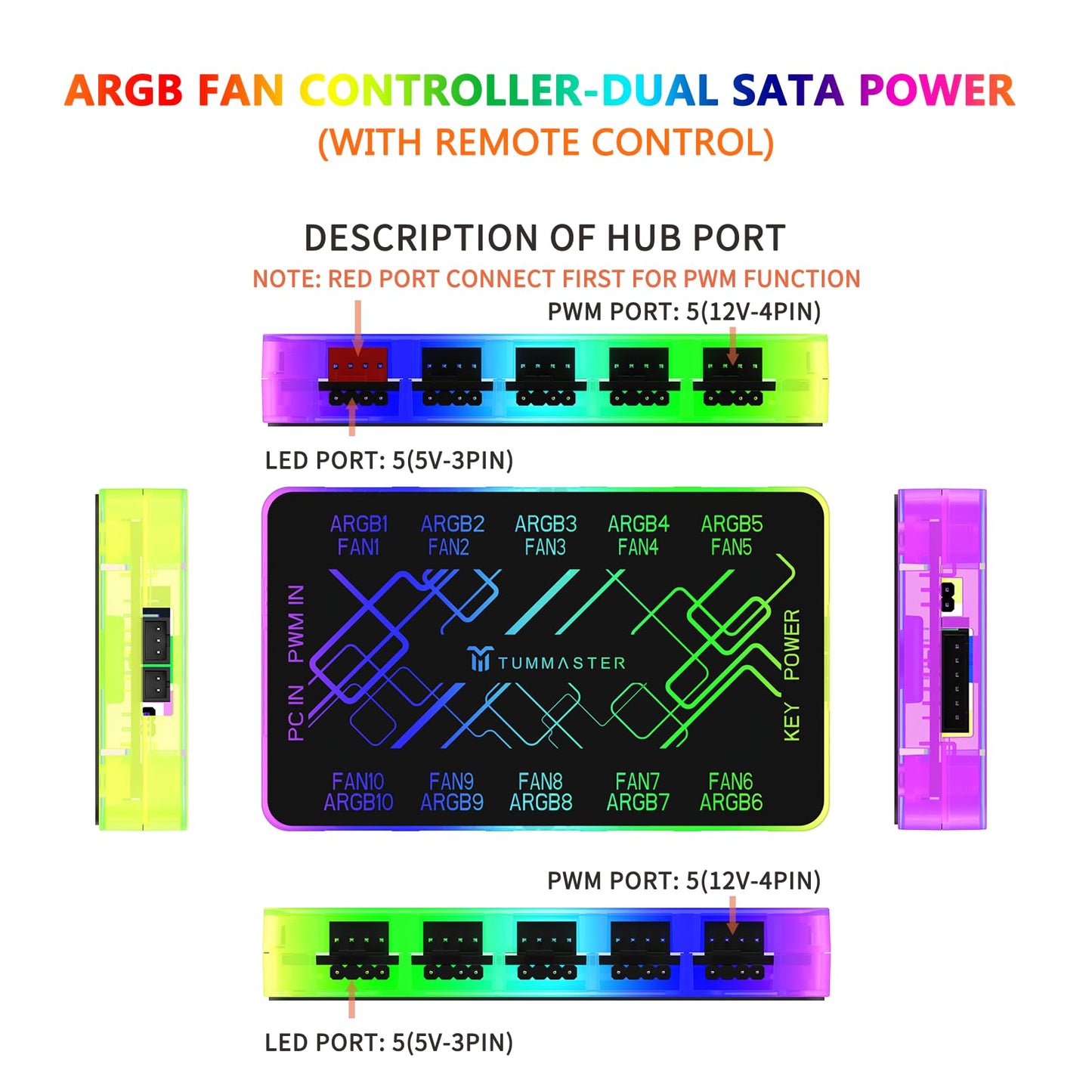 TUMMASTER ARGB Fan HUB, 9/10 Port 4 Pin PC Fan Controller, 5V-3Pin LED Hub, Magnetic Suction, SATA Power Input,RF Remote & Chassis Key