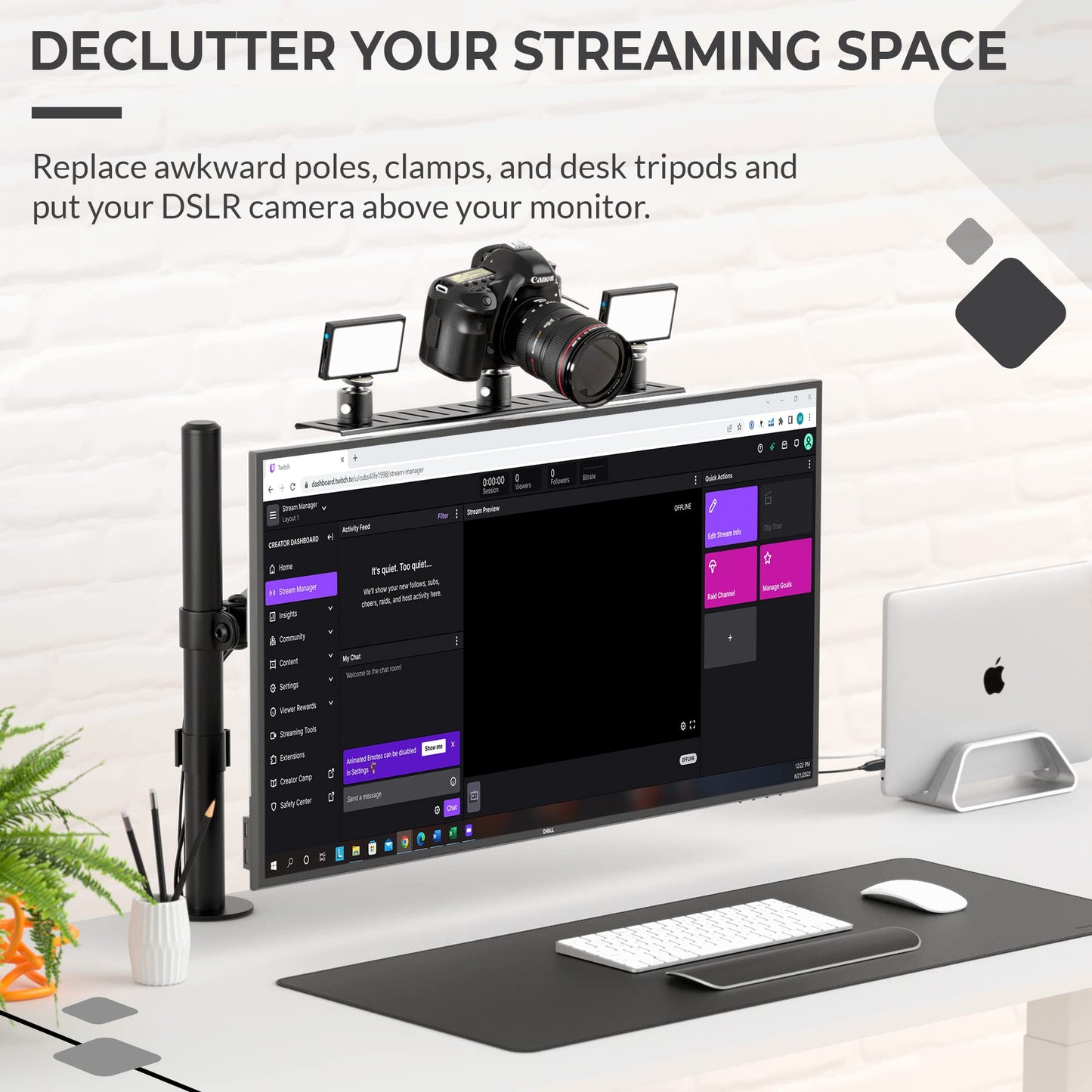 HumanCentric DSLR Monitor Mount Large, Desk Camera Mounting, Light Webcam, Microphone Shelf for Monitor VESA Arm, Replace Clamp Tripods, 100x100mm