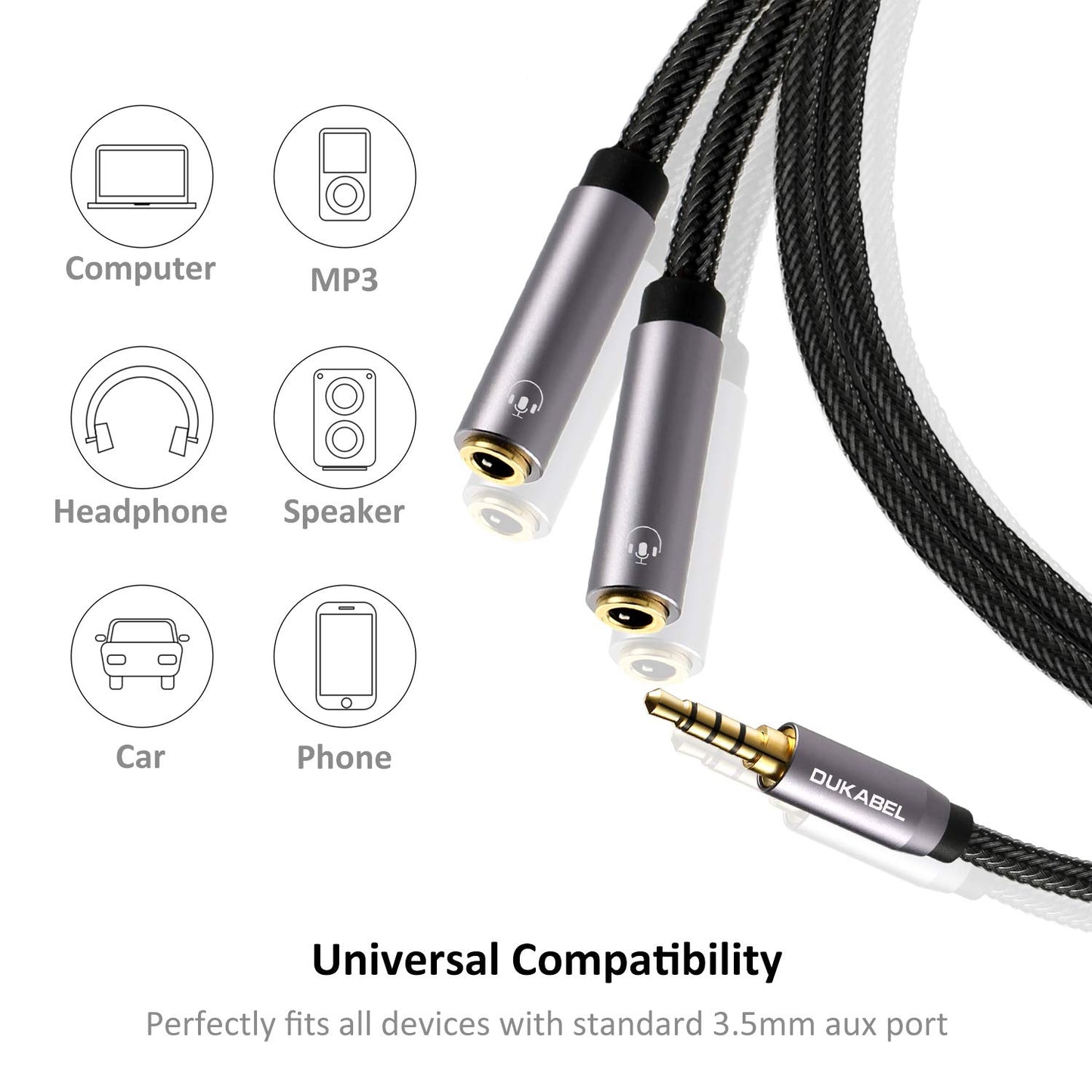DUKABEL Headphone Splitter, Strong Braided & Gold-Plated 3.5mm Stereo Audio Y Splitter Cable 4-Pole Male to 2-Female Port Audio Stereo Cable Dual