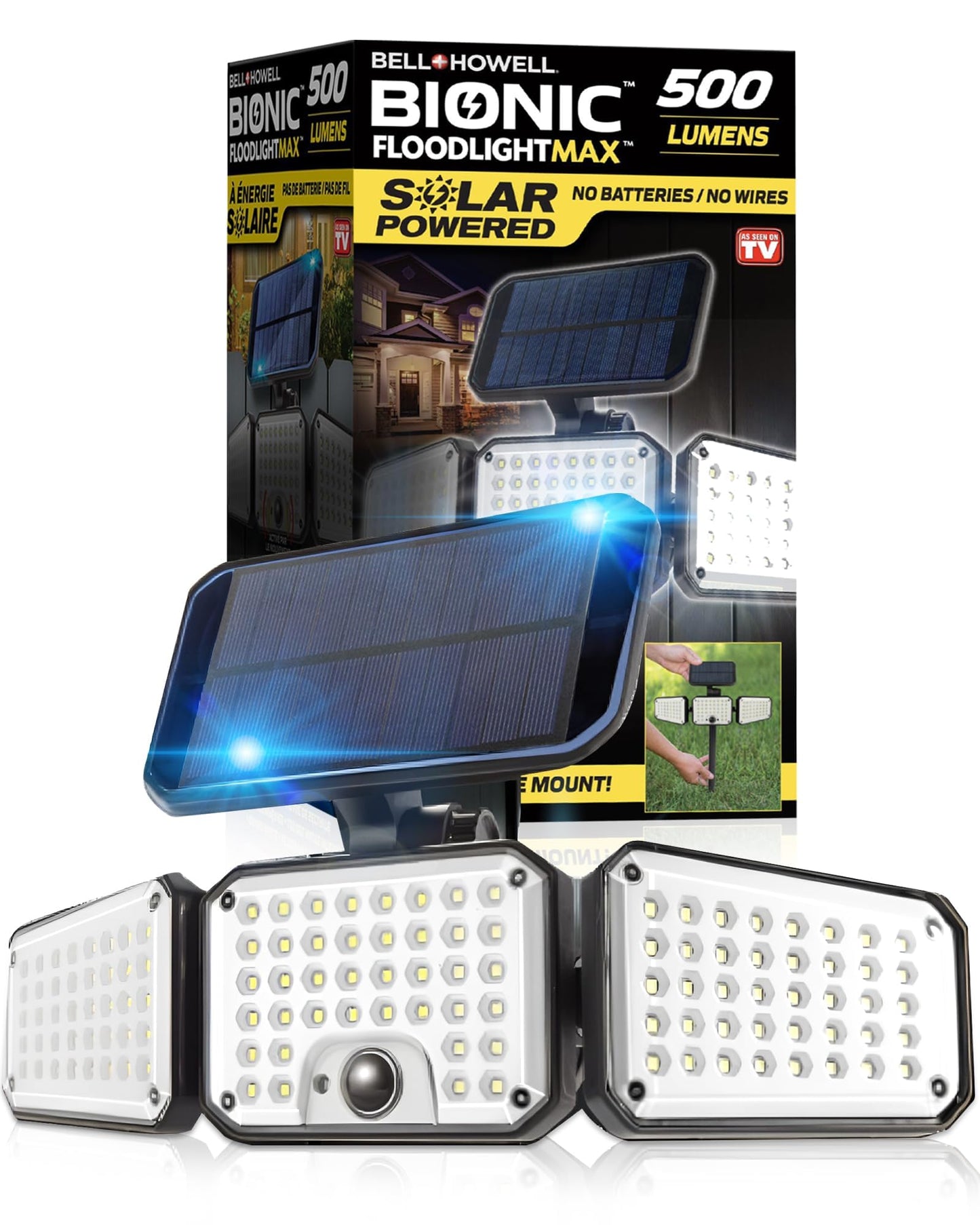 Bell+Howell Bionic Flood Light AS SEEN ON TV, 500 Lumen Deluxe Version Bionic Floodlight, LED Solar Flood Lights Outdoor Motion Sensor Waterproof