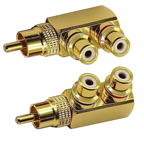 LYLGO 2 Pack Gold-Plated 90 Degree Right Angle RCA Male to 2 RCA Female Jack Audio Video TV Adapters