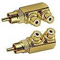 LYLGO 2 Pack Gold-Plated 90 Degree Right Angle RCA Male to 2 RCA Female Jack Audio Video TV Adapters