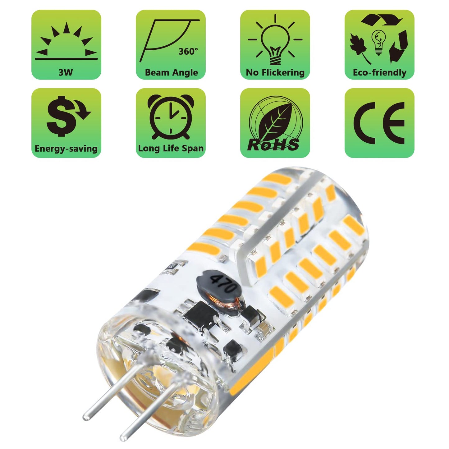 G4 LED Bulbs 12V 3W Bi-Pin LED Light Bulbs 48×3014 SMD 20W Halogen Bulb Replacement Silicone Coated Shatterproof 220 Lumens 360° Beam Angle AC/DC