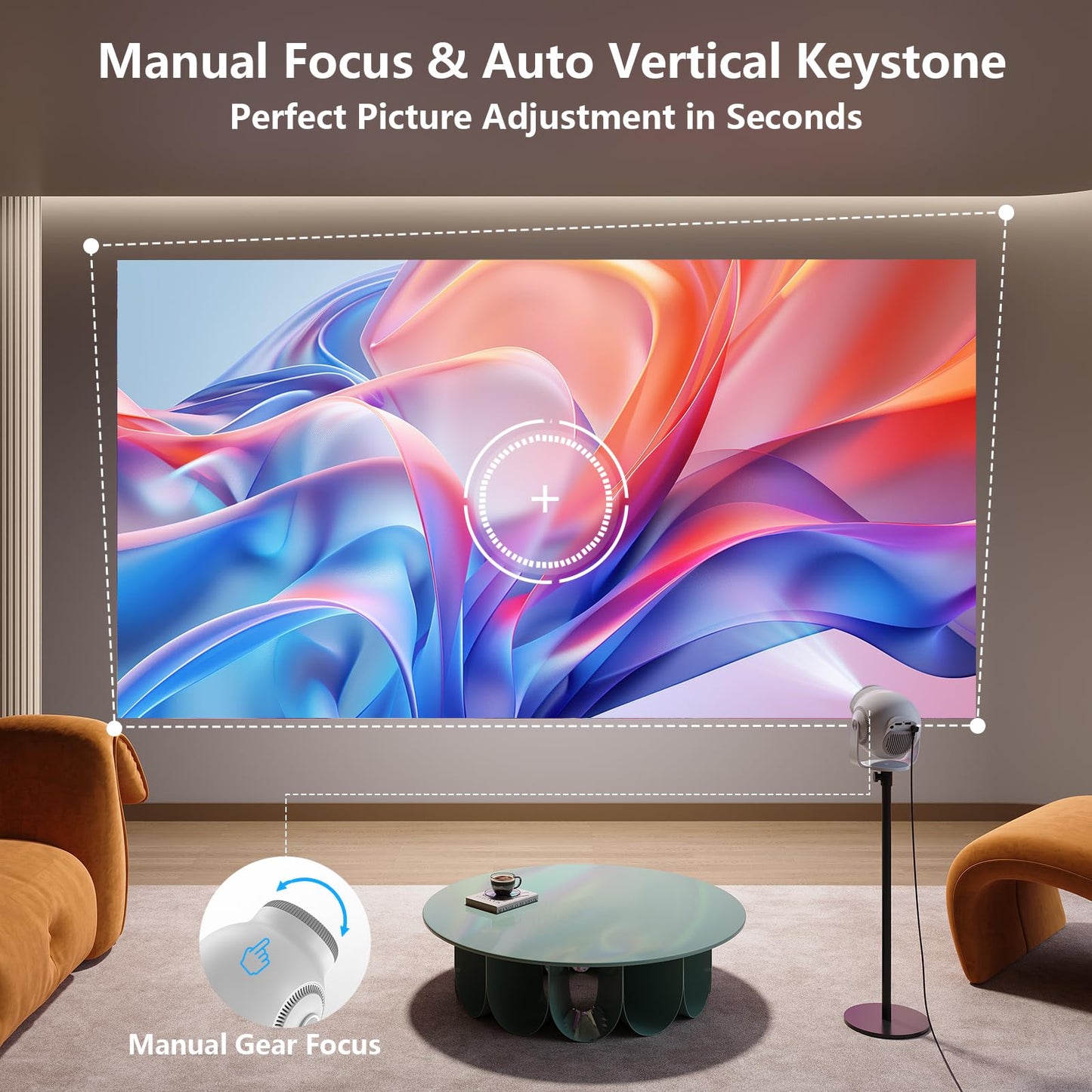 HCHENWRT Mini Projector with Android 14 OS 1080P/4K/8K Video Decoding WiFi 6 & Bluetooth 5.4, 270° Rotatable Stand, Auto Vertical Keystone, Portable