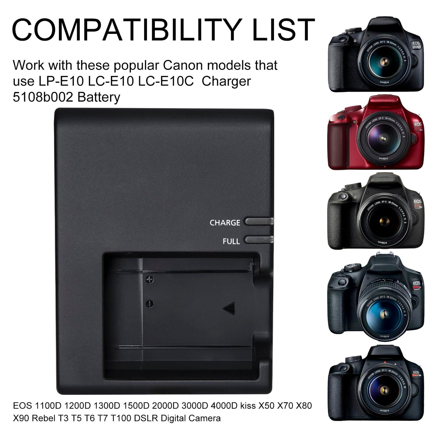 LC-E10E Quick Charger for Canon: LP-E10 LC-E10 LC-E10C Compatible Battery EOS 1100D 1200D 1300D 1500D 2000D 3000D 4000D kiss X50 X70 X80 X90 Rebel T3