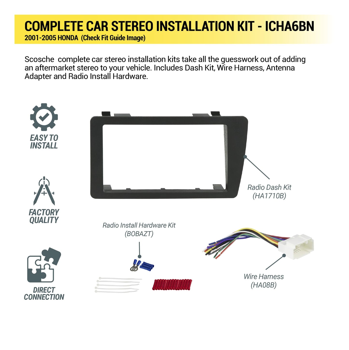Scosche ICHA6BN Double DIN Radio Install Dash Kit Compatible with Select 2001-05 Honda Civic - Factory Radio Brackets Required - Complete Basic Car