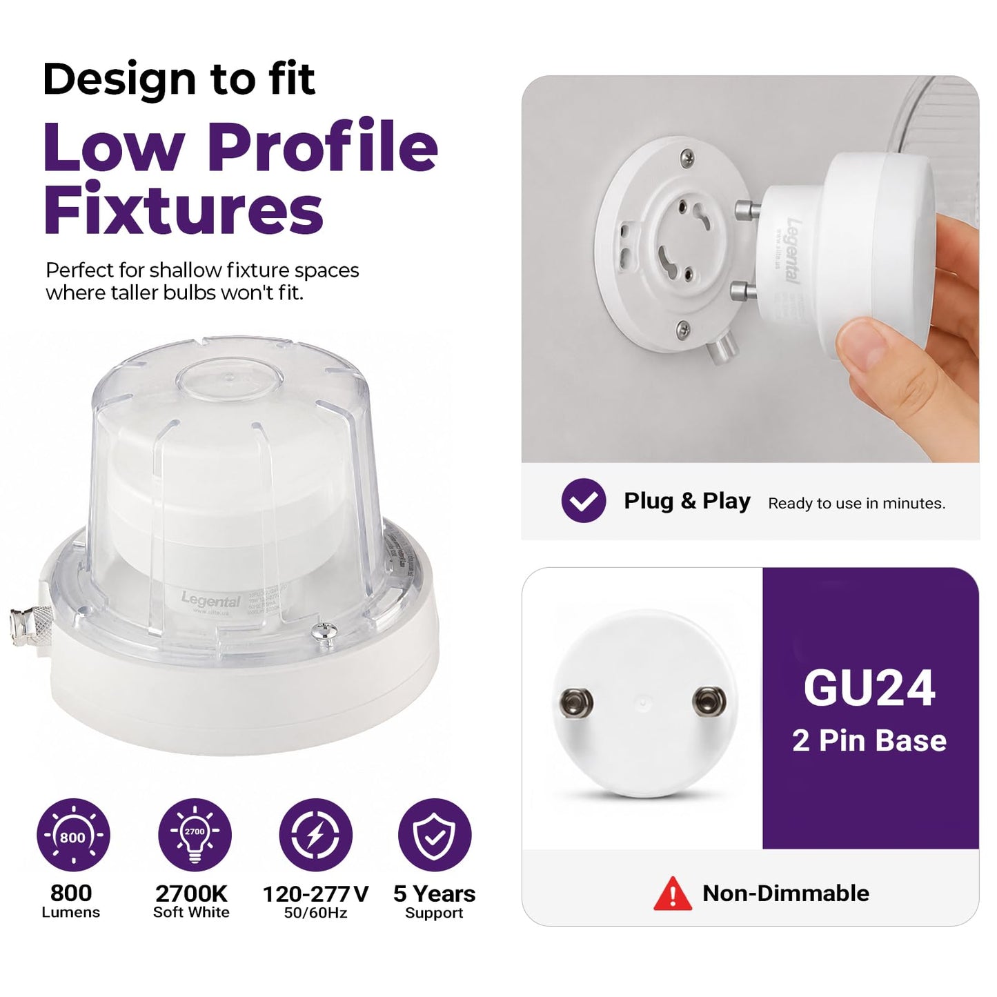 2.99" GU24 LED Puck Light Bulb 2 Prong, 10W 800LM 2700K Soft White, 2 Pack