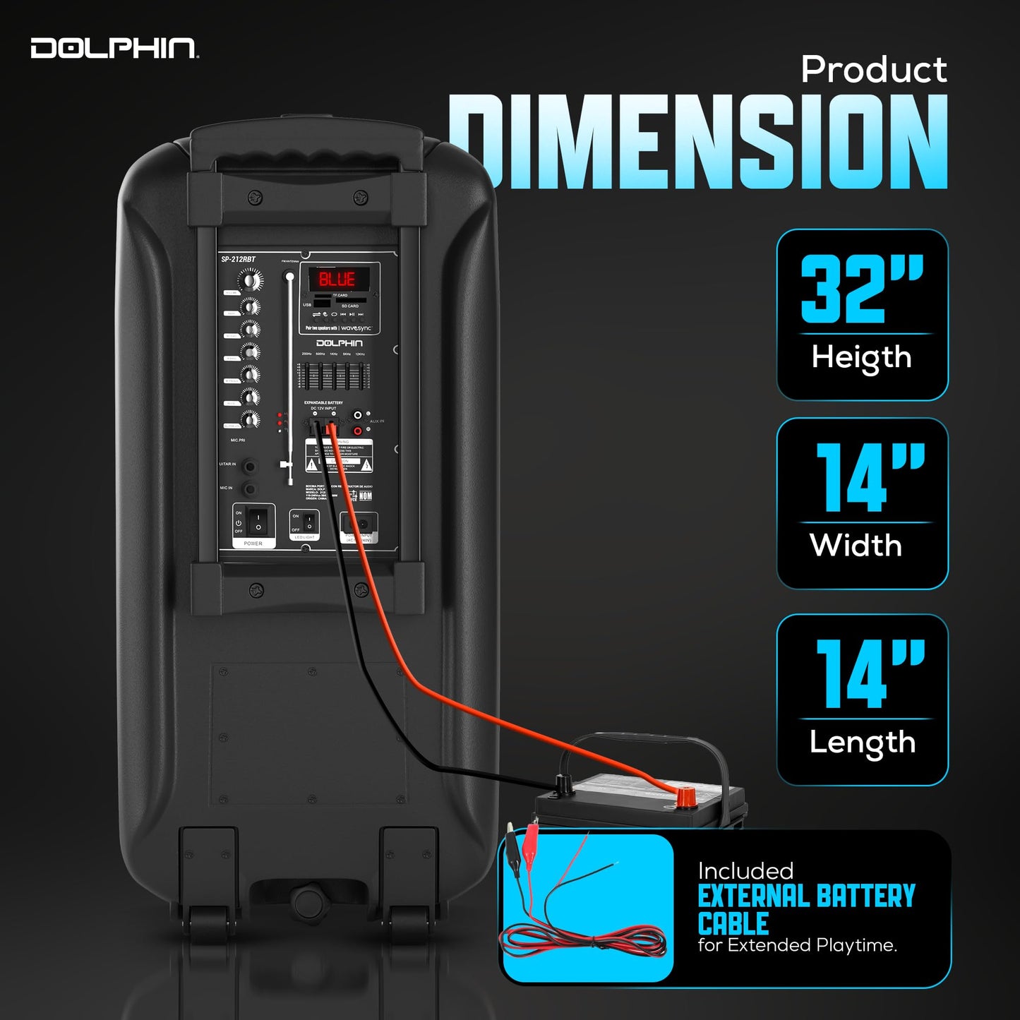 Dolphin Dual 12" Bluetooth Party Speaker - Portable Large Speaker with Wired Microphone, Multicolor LED Lights, USB Playback, Hi-Fi Amplifier
