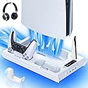 Paobas Cooling Station for PS5 with Dual Controller Charging Station, Stand for PS5 Slim Console, Headset Holder, 4 USB Hub & USB-C Port - All-in-One