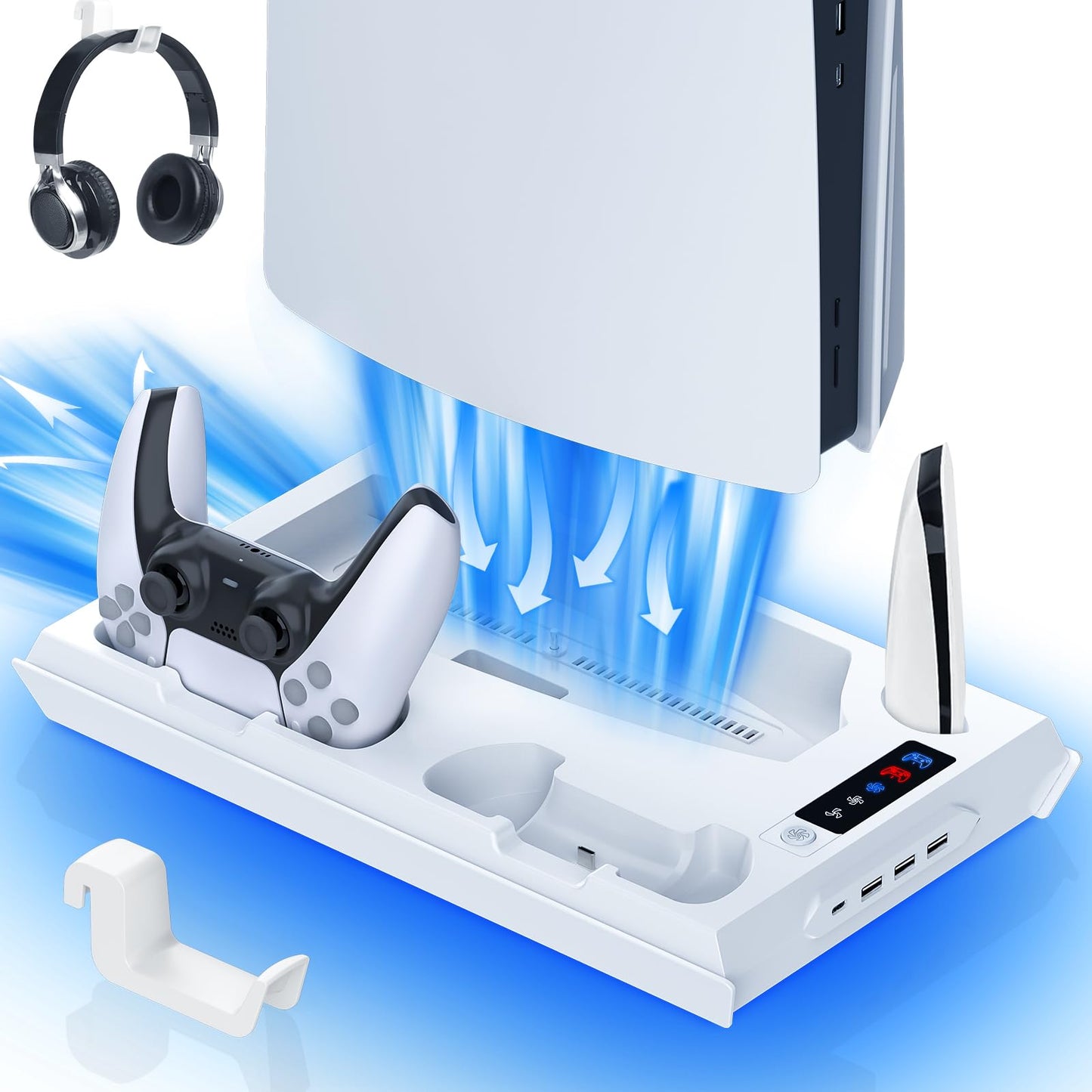 Paobas Cooling Station for PS5 with Dual Controller Charging Station, Stand for PS5 Slim Console, Headset Holder, 4 USB Hub & USB-C Port - All-in-One