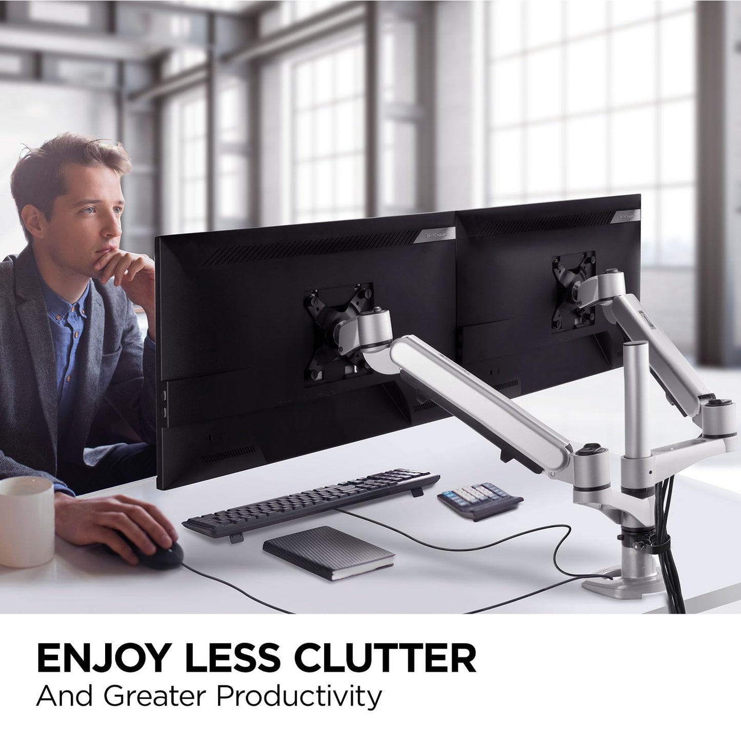 ViewSonic LCD-DMA-002 Spring-Loaded Monitor Desk Mounting Arm for 2 Monitors up to 27 Inches Each, VESA Compatible, Full Ergonomic Adjustability