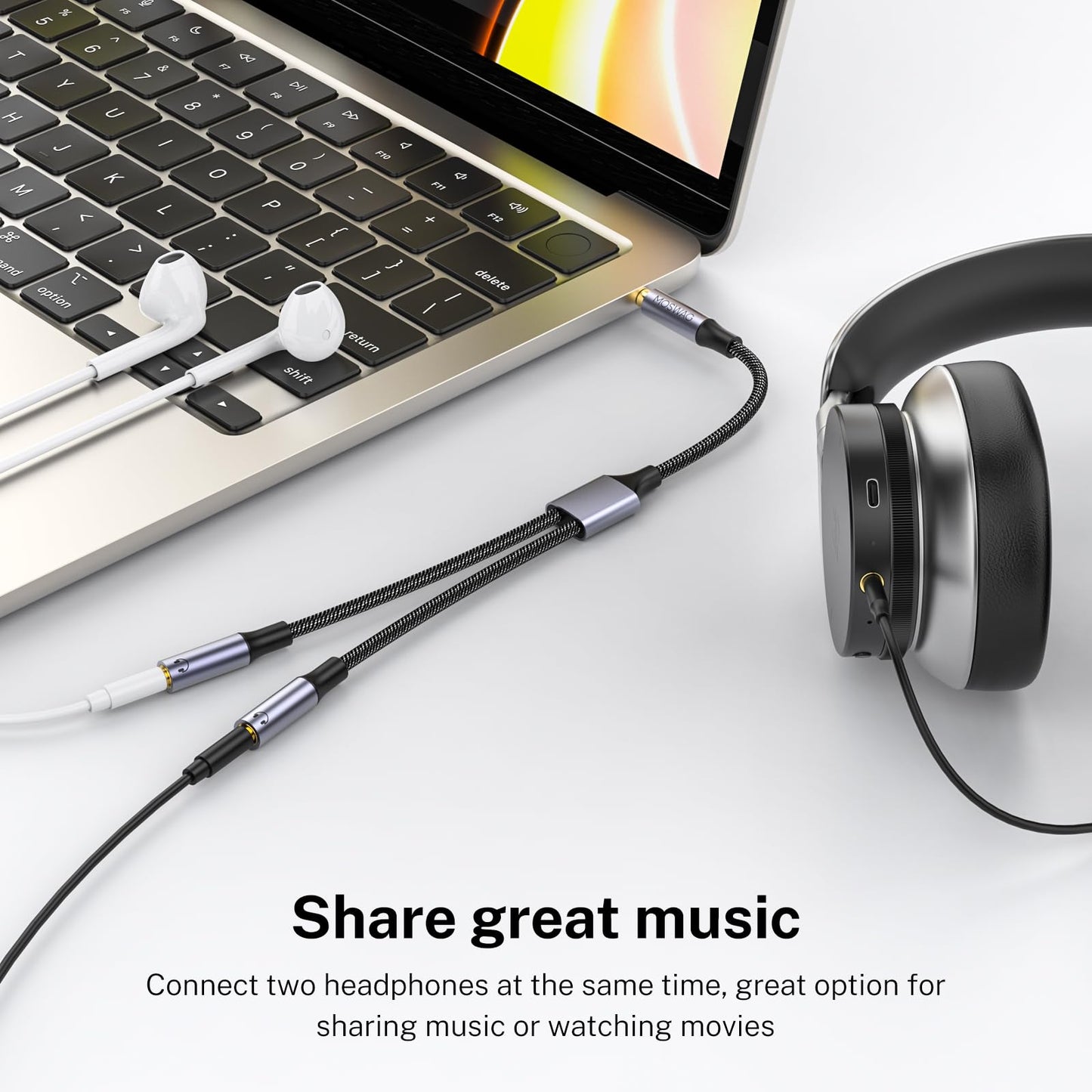 MOSWAG Headphone Splitter, Strong Braided & Gold-Plated 3.5mm TRRS Splitter for 2 Headphones, 3.5mm Stereo Audio Y Splitter Dual Headphone Jack