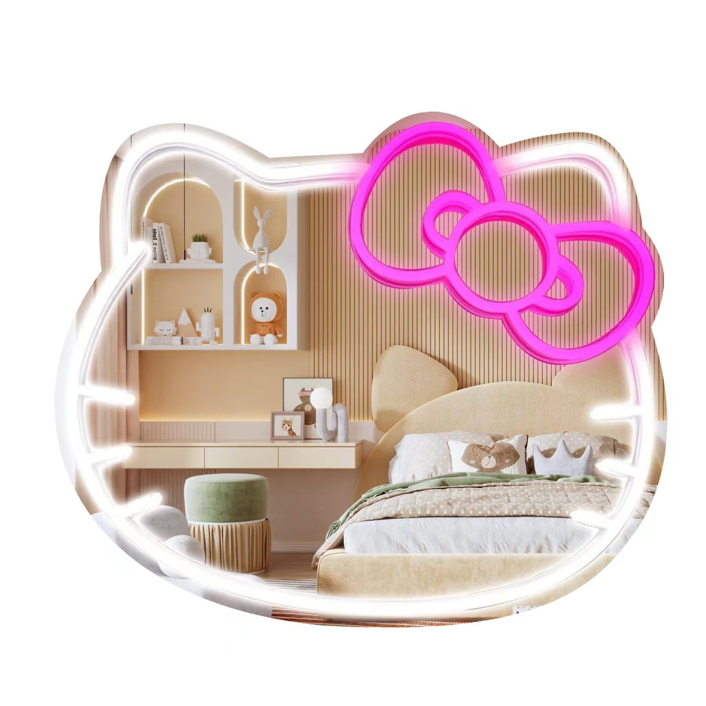 MCJSGSP Anime Hello Kit Mirror with Light Neon Signs for Wall Decor, Teen Girl Gift?Makeup Mirror neon Sign Room Decor (9.4 * 11.9 inch)