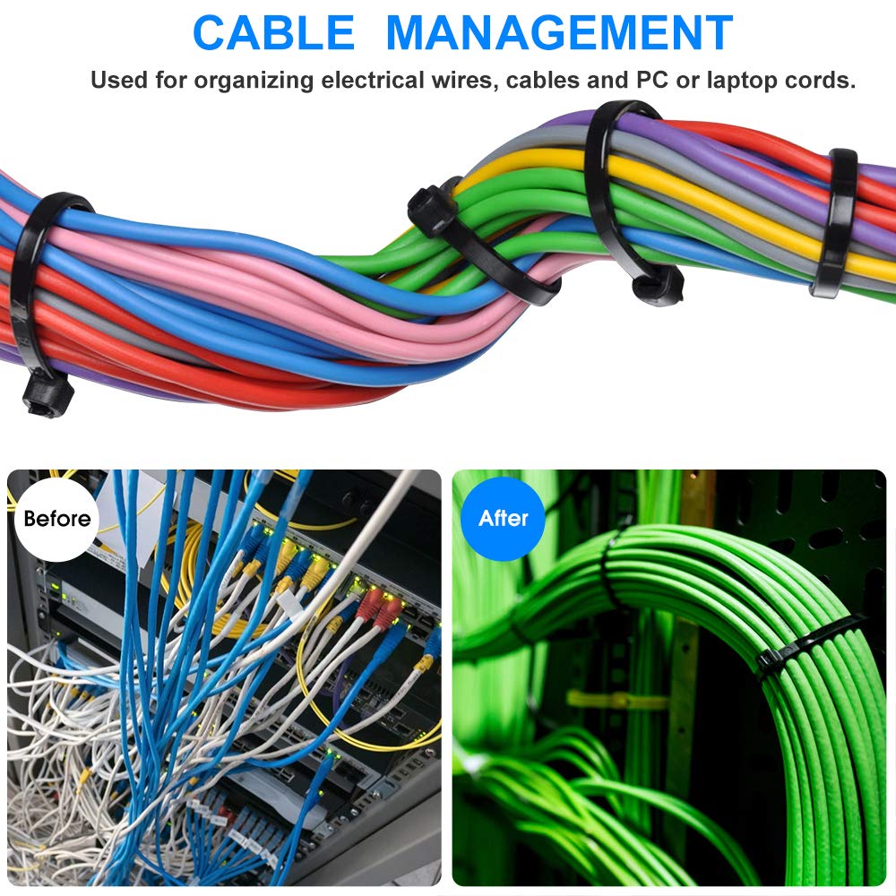 Zip Ties 8 inch Black Zip Ties 1000 Pack, Wire Ties with 50lb Tensile Strength, UV Resistant Cable Ties, Self-locking Plastic Ties for Indoor