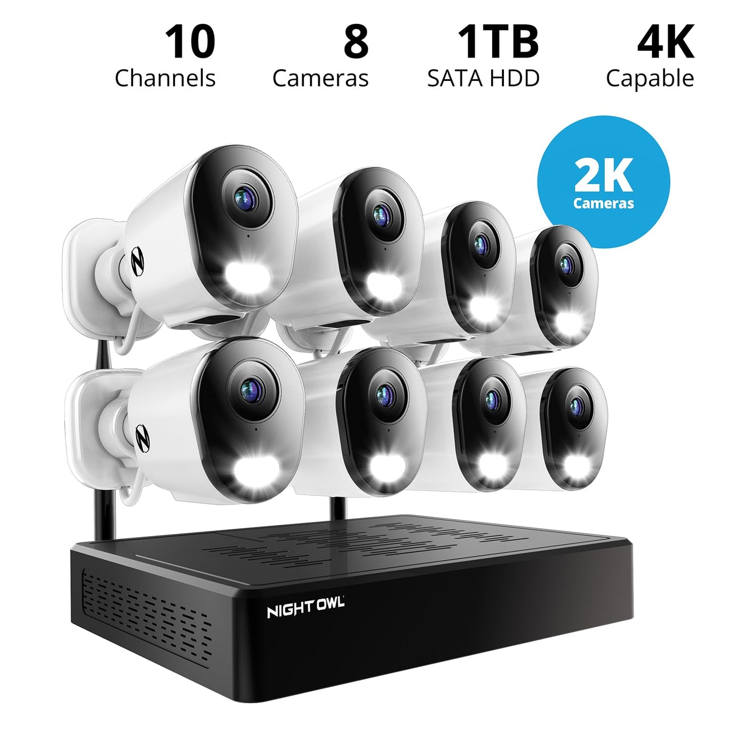 Night Owl 10 Channel Bluetooth Video Home Security Camera System with (8) Plug-in Wi-Fi 2K HD Indoor/Outdoor Spotlight Cameras with 2-Way Audio