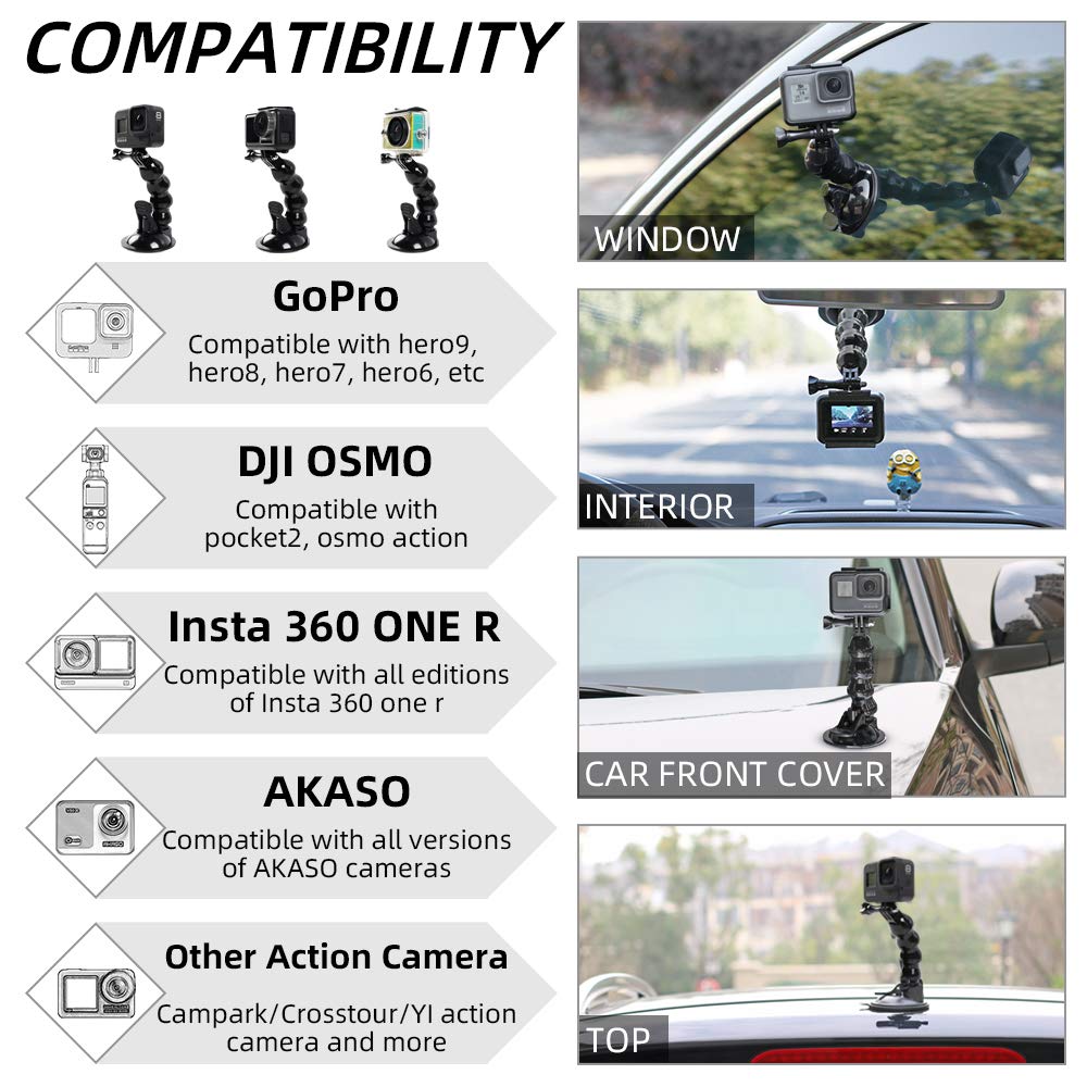 SUREWO Flexible Gooseneck Suction Cup Car Mount Holder for GoPro 13, Flexible Extension Car Windshield Mount with Phone Mount for GoPro Hero 12 11 10