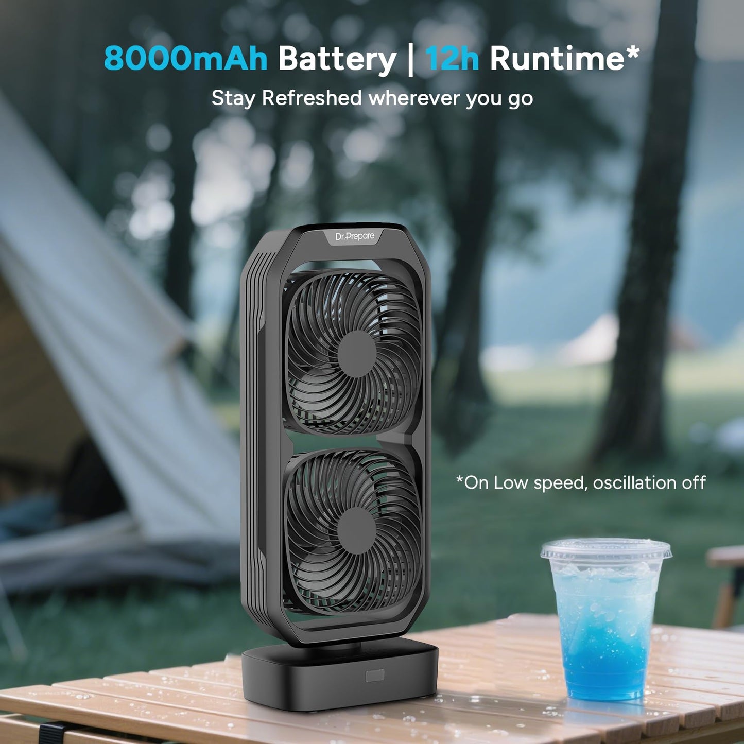 DR.PREPARE Small Oscillating Tower Fan with Remote, Rechargeable Battery Powered Desk Fan for Bedroom, 250° Tilt, 8H Timer, 3 Speeds, Portable Table