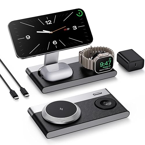 3 in 1 Magnetic Wireless Charging Station for Apple Devices,Foldable Wireless Charger Stand for Magsafe iPhone 17 Air 16/15/14/13/12,Apple