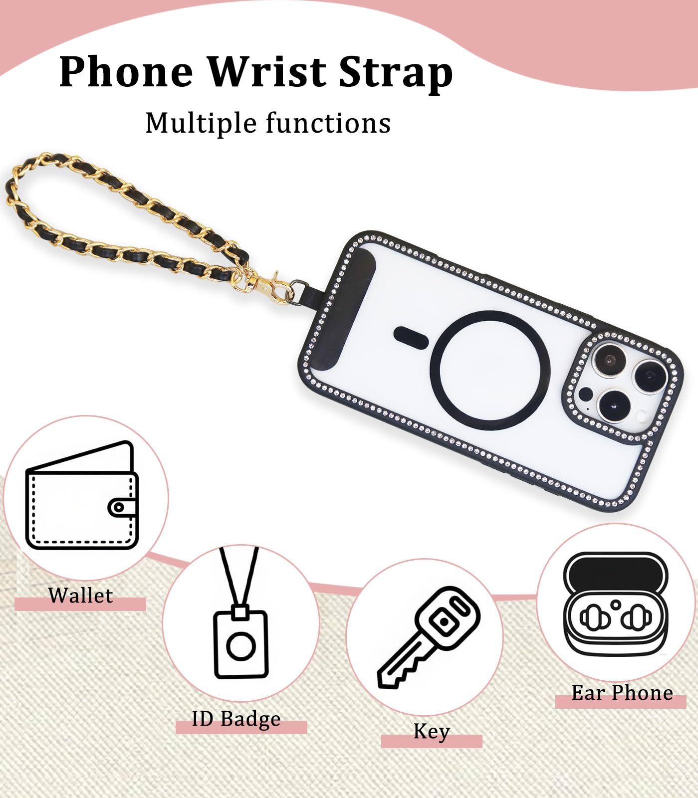 Vxhinqy Universal Crossbody Phone Strap,Metal Cell Phone Chain Leather Anti-Theft Crossbody Lanyard for all smartphone with 1*Wrist Strap?2*Tether