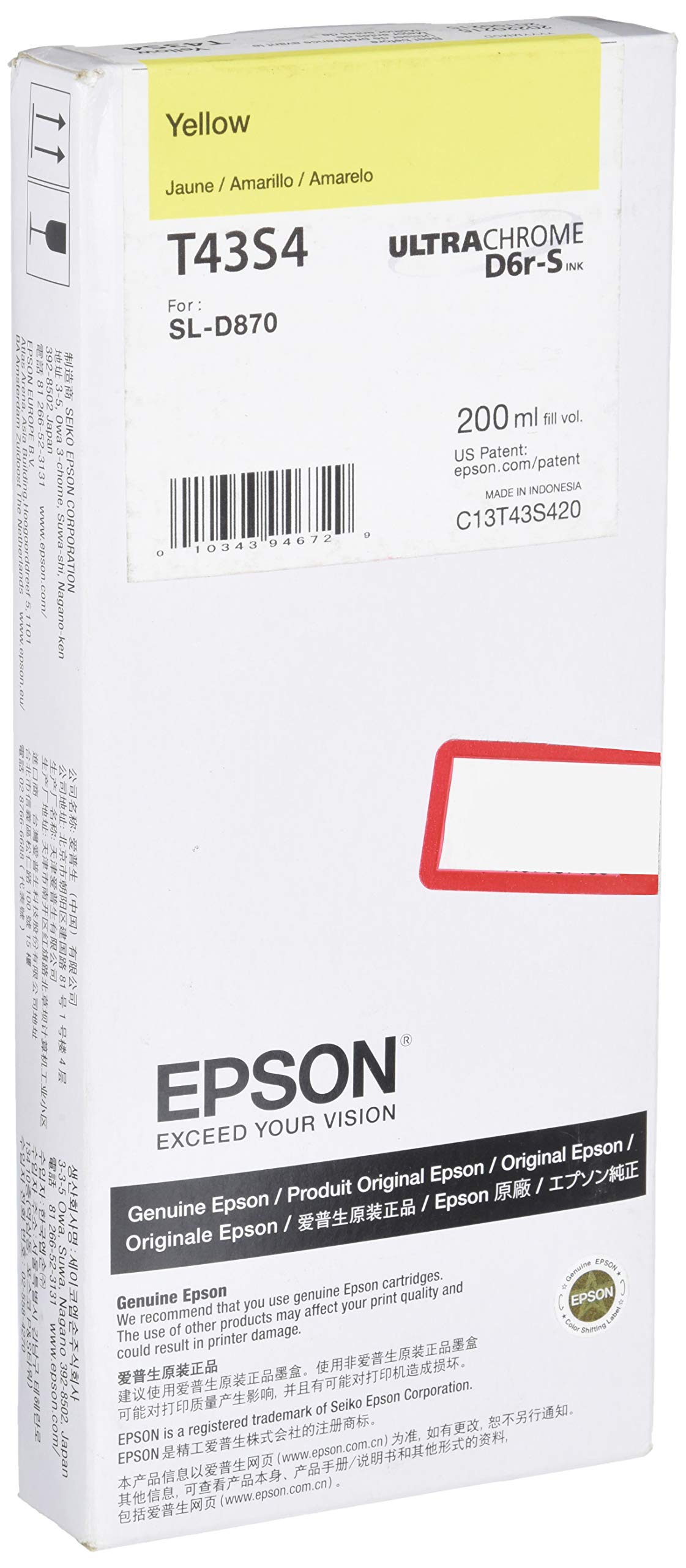 Epson T43S, 200ml Yellow Ink Cartridge