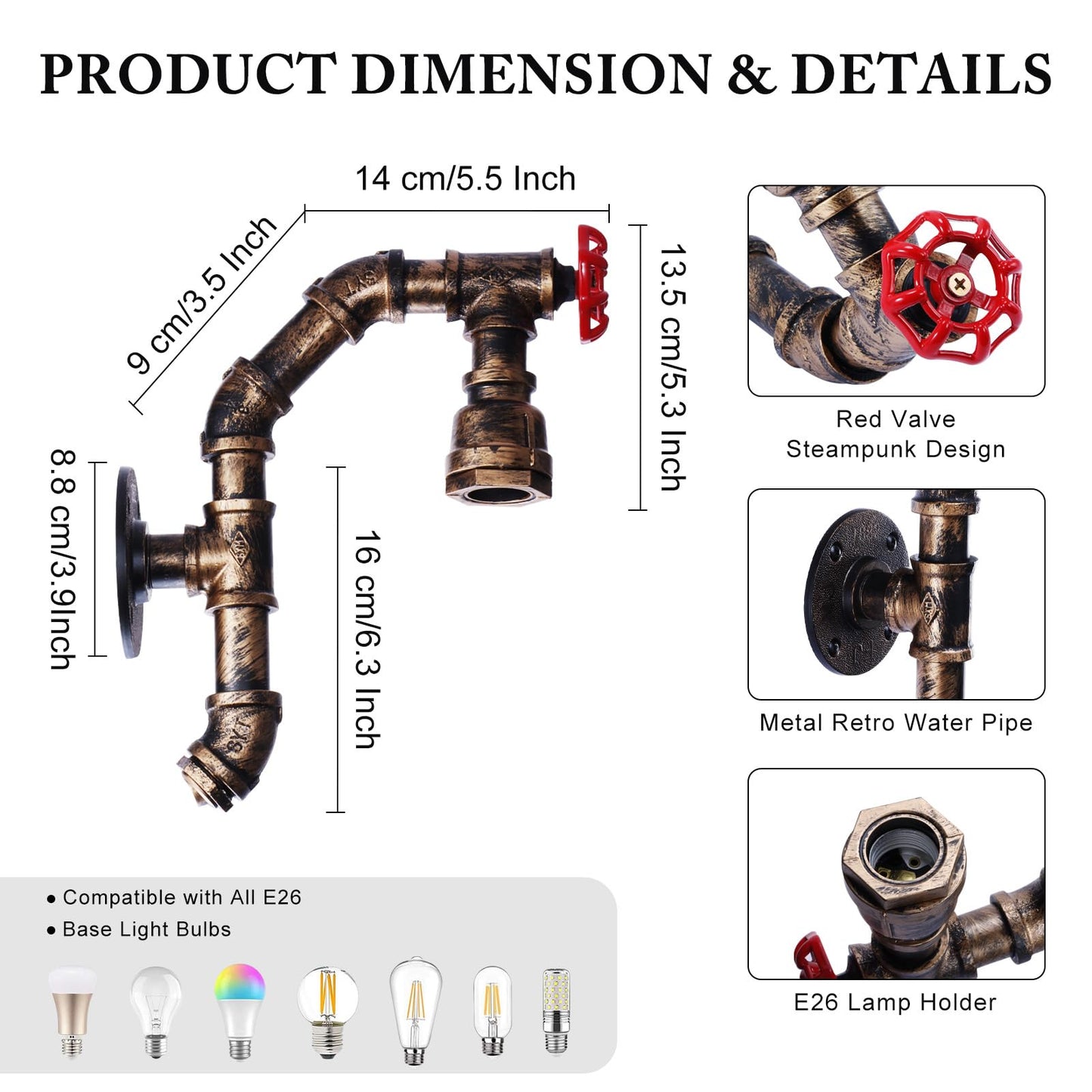 XEYOU Retro Wall lamp Vintage Industrial Steampunk Wall Sconce with Switch Metal Water Pipe Wall Mounted Light Fixture E26 Edison Bulb for Cafe Bar