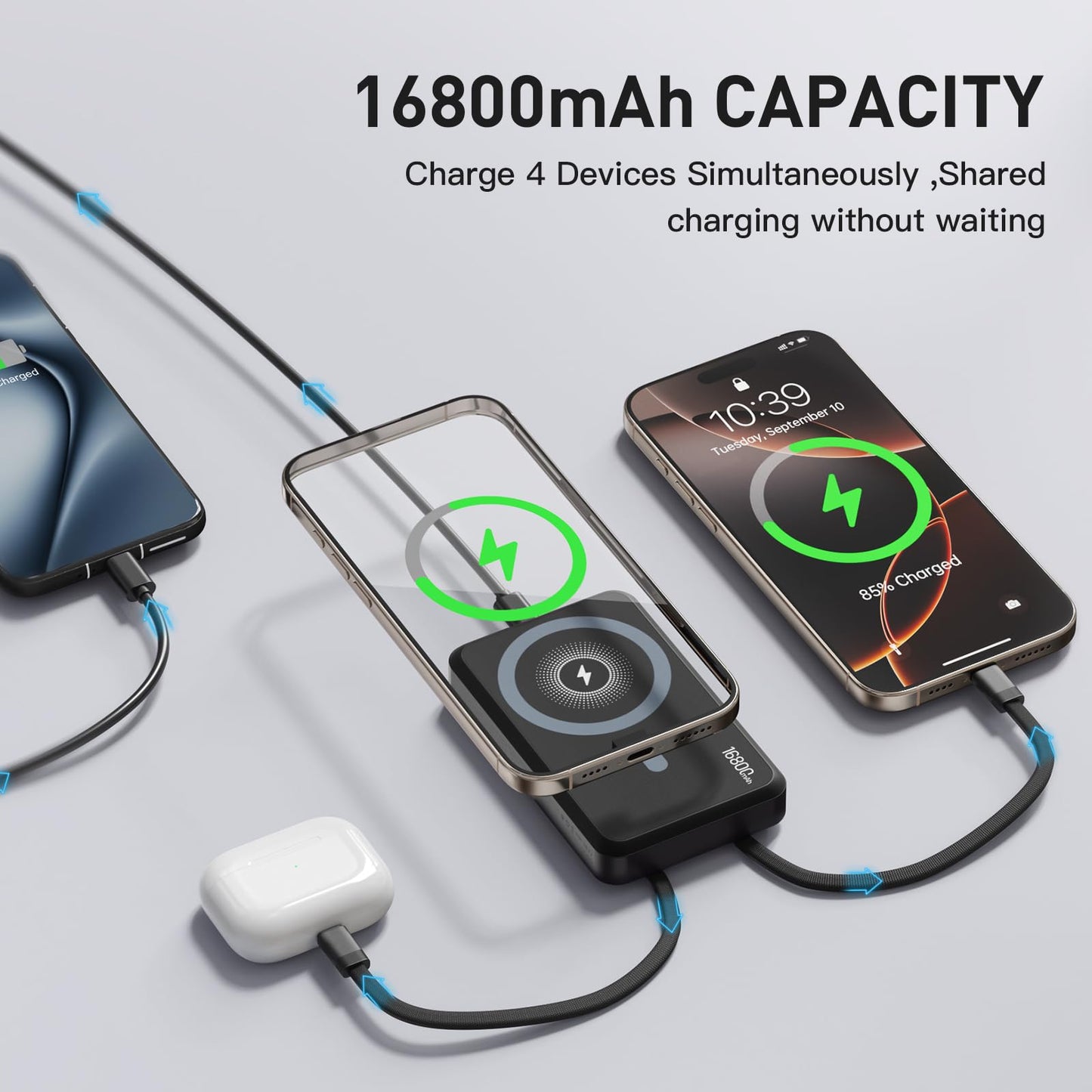 Tryetas 2026 Magnetic Wireless Power Bank, 16800mAh Portable Charger with 2 Built in Cables, LED Display Magnetic Battery Pack Travel Essentials