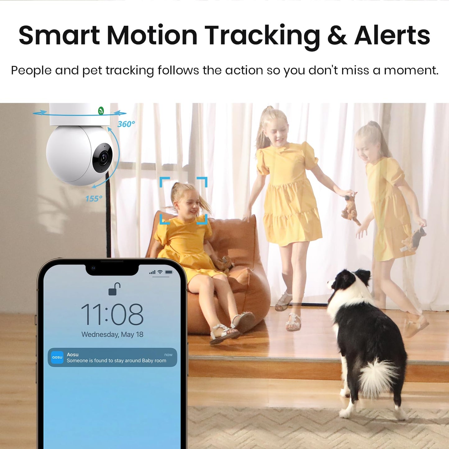 aosu 4MP Security Camera Indoor, 2.5K Baby Monitor Pet Camera 360° for Home Security, WiFi Camera with 5/2.4 GHz Wi-Fi, One-Touch Call, Smart Motion