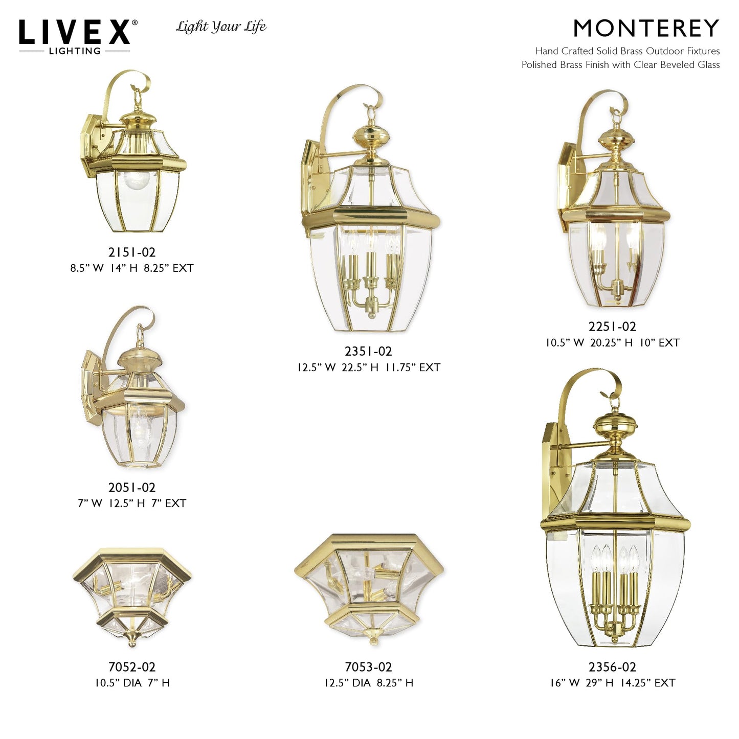 Livex Lighting 2051-02 Monterey 1 Light Outdoor Polished Brass Finish Solid Brass Wall Lantern with Clear Beveled Glass