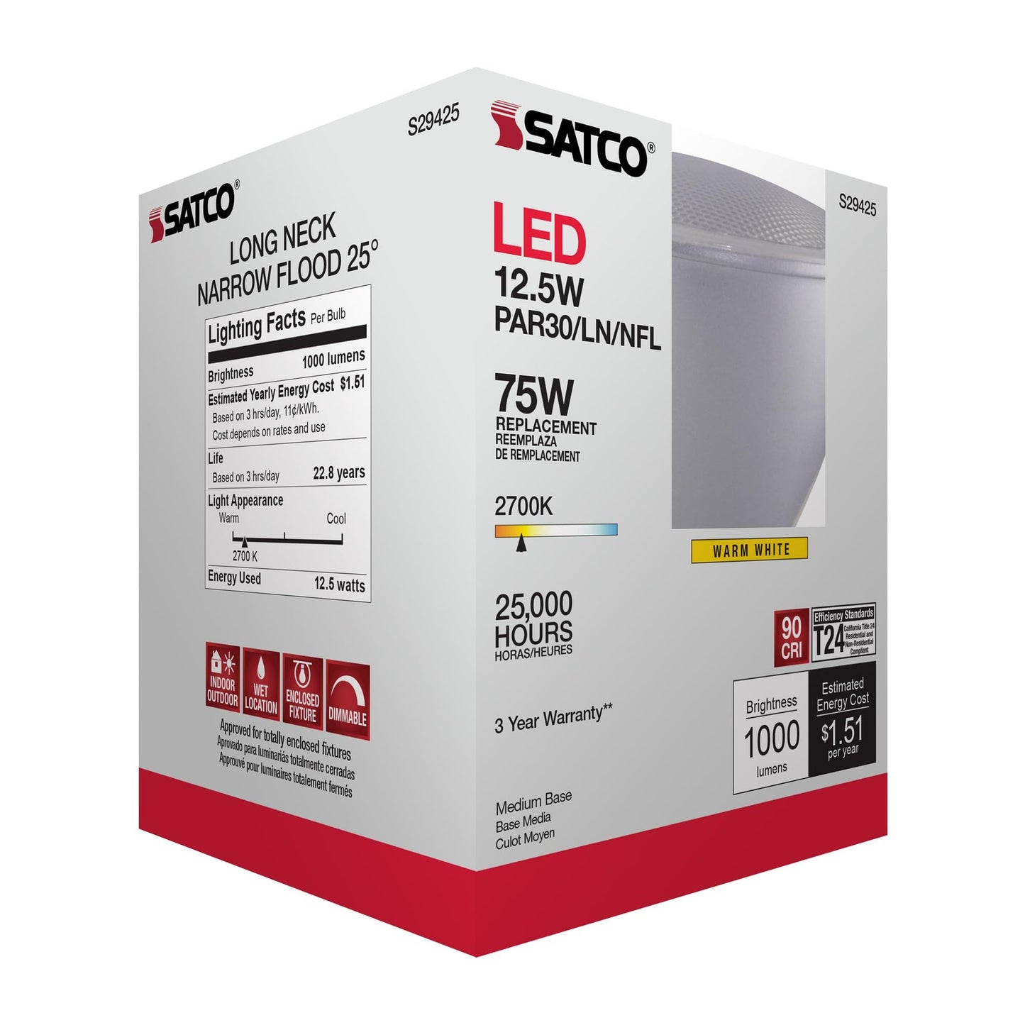 Satco S29425, PAR30LN LED Reflector Bulb, 75W Replacement, 2700K, LED Lamp