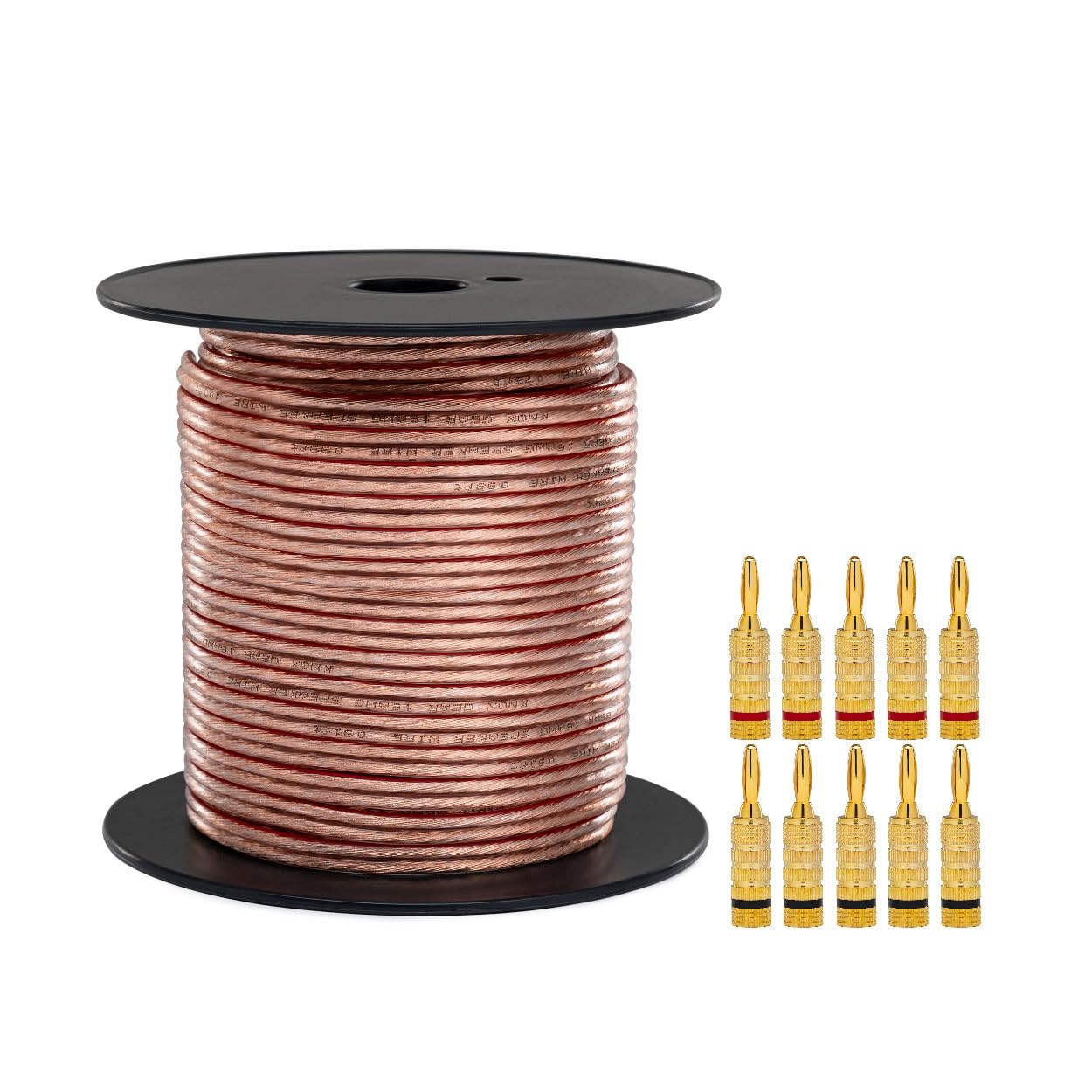 Knox Gear 16AWG Speaker Wire, 100ft with PVC Jacket & 24-K Gold Plated Speaker Banana Plugs, 5 Pairs, 16 Gauge CCA Wire and Brass Banana Plugs