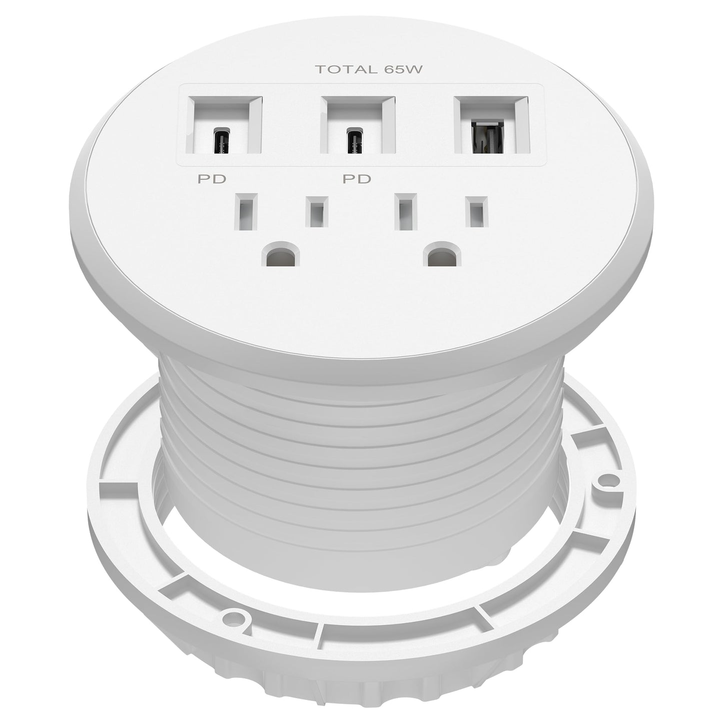 LIDER PD 65W GaN Technology Desktop Power Grommet, Power Delivery, USB-A and 2 USB-C Ports, Tamper-Resistant Receptacles, Self-Close Cover, Desk