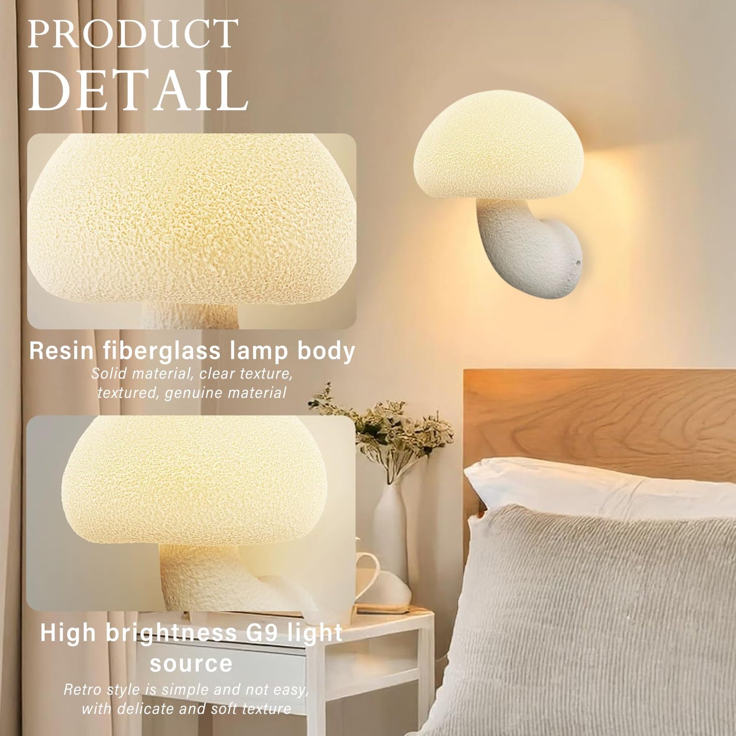 SANDYHA Mushroom Wall Sconce Modern White Mushroom Bathroom Wall Light Fixtures Cute White Resin Wall Lamp for Bedroom Mirror Living Room Restaurant