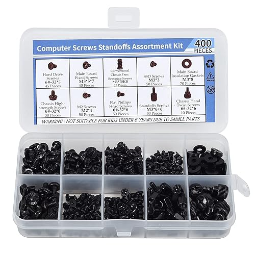 400PCS Computer Screws Motherboard Standoffs Assortment Kit for Universal Motherboard, HDD, SSD, Hard Drive,Fan, Power Supply, Graphics, PC Case