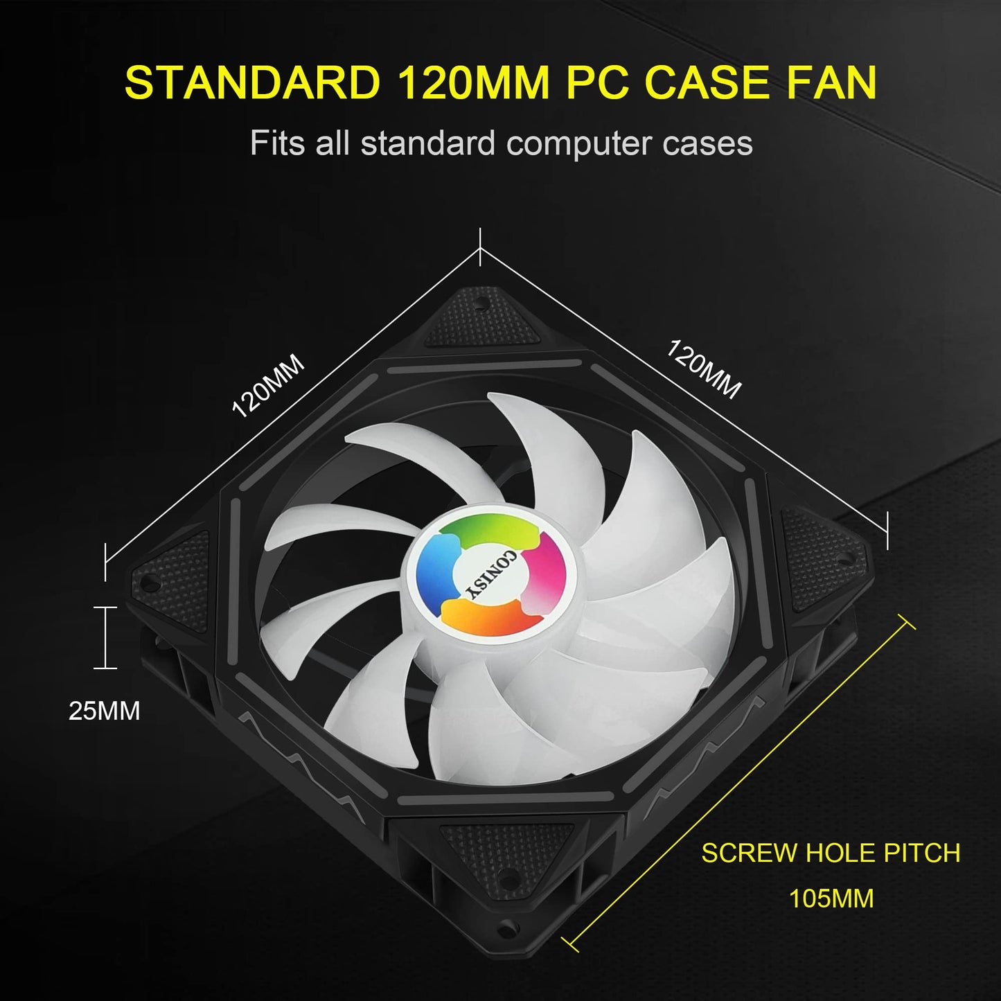 Conisy RGB LED Series 120mm Case Fan for Computer Case, Unique Ultra Quiet Long Life Gaming PC Cooling Fan - Colorful (1PCS)