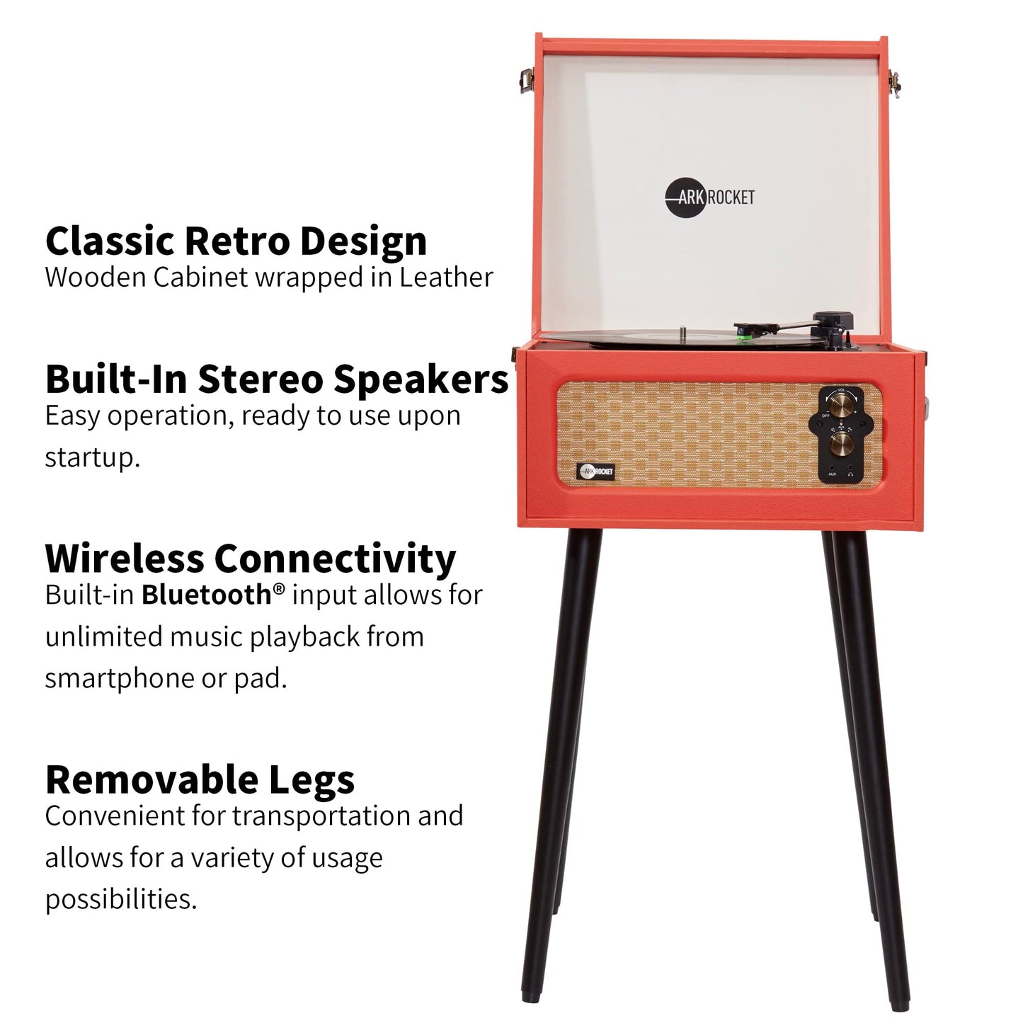 Arkrocket 3-Speed Bluetooth Record Player Retro Turntable with Built-in Speakers Rocket Moving Magnet Cartridges and Removable Legs (Orange)