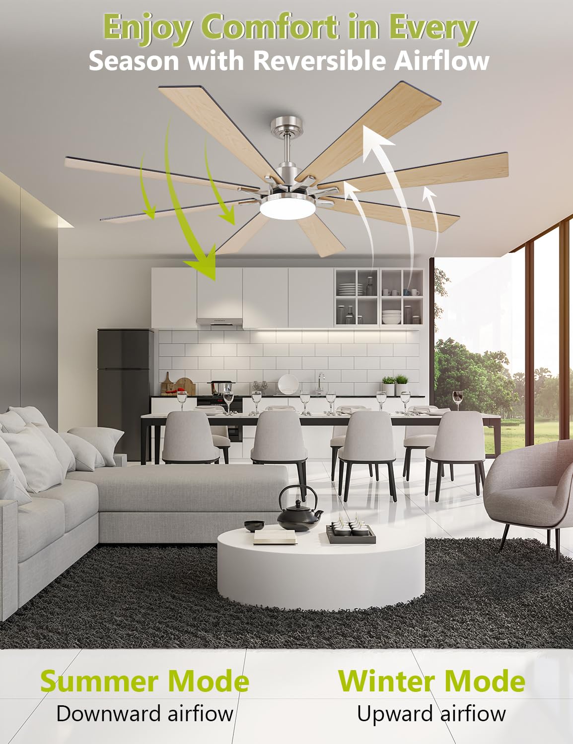 Vaczon 72 Inch Modern Ceiling Fans with Lights and Remote Nickel Large Airflow Ceiling Fan,Dimmable Lighting, Reversible DC Motor, Noiseless, Indoor