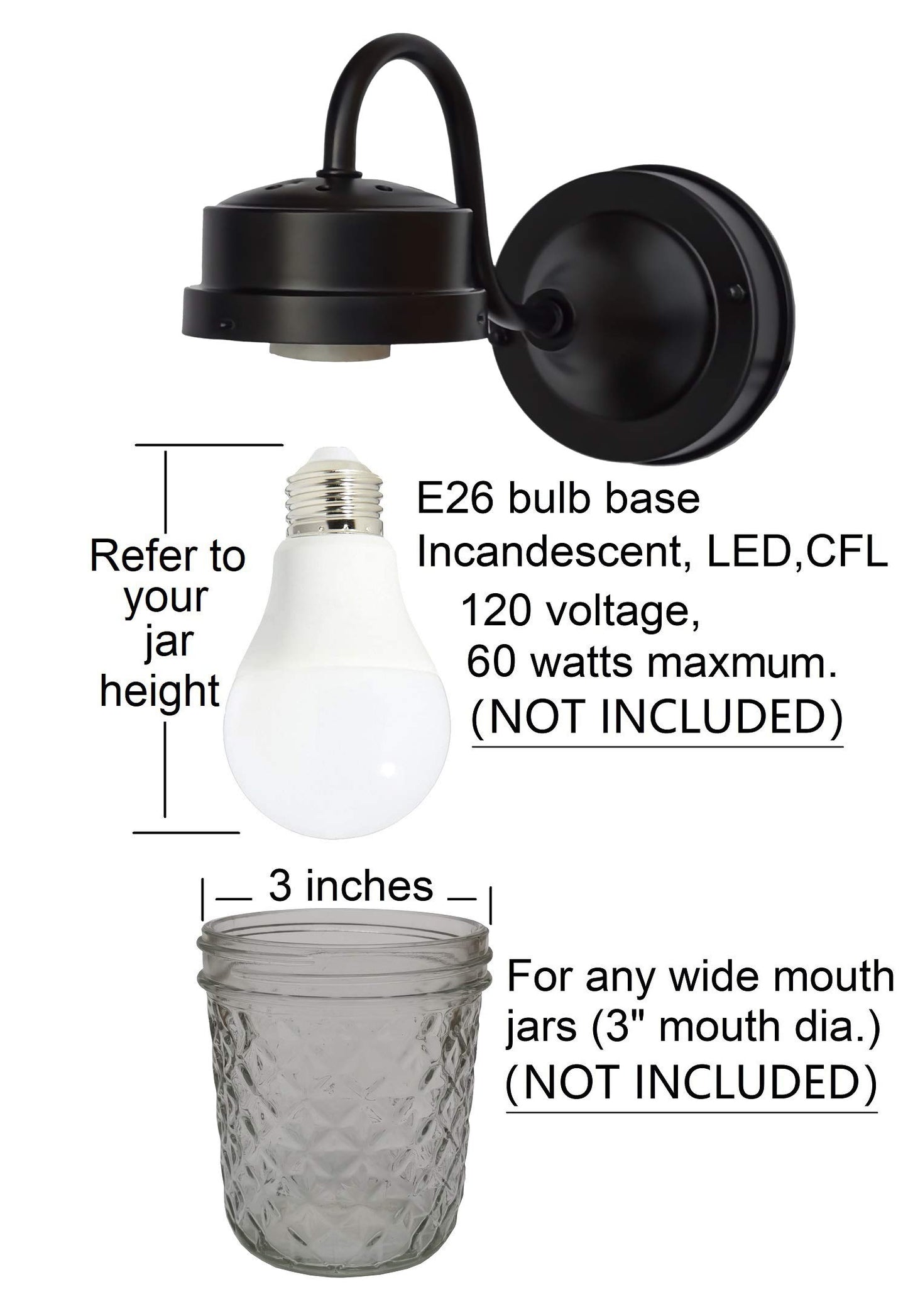 THINKCHANCES Matt Black Metal Wall Mount Bent Tube Light Sconce Fixture for Entryway Porch Patio Work with Wide Mouth Ball Mason Jars