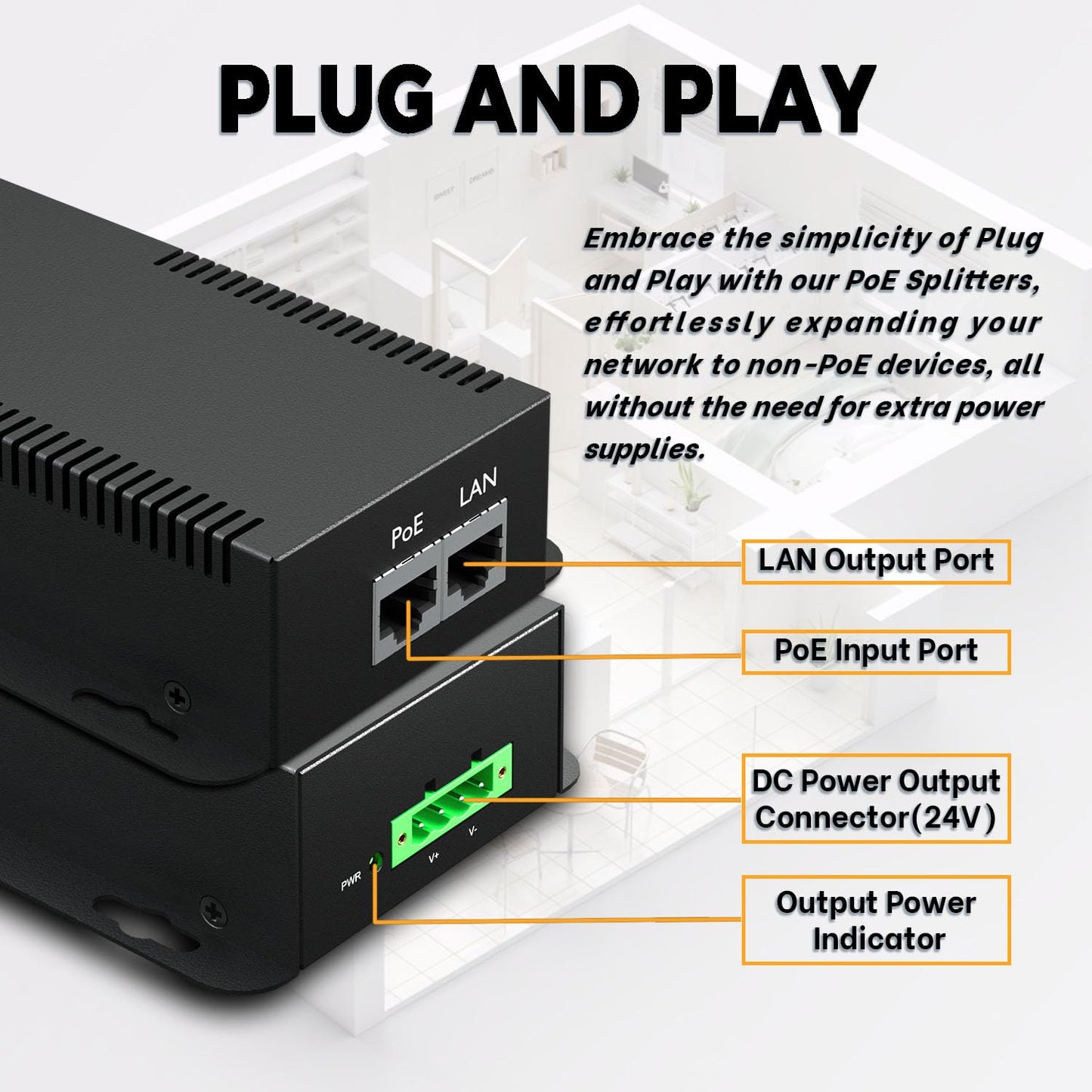 PROCET PoE System Gigabit PoE Splitter, 24V/2.96A, IEEE802.3 af/at/bt Compliant, 10/100/1000Mbps, High Power Communication Station /Wireless APs