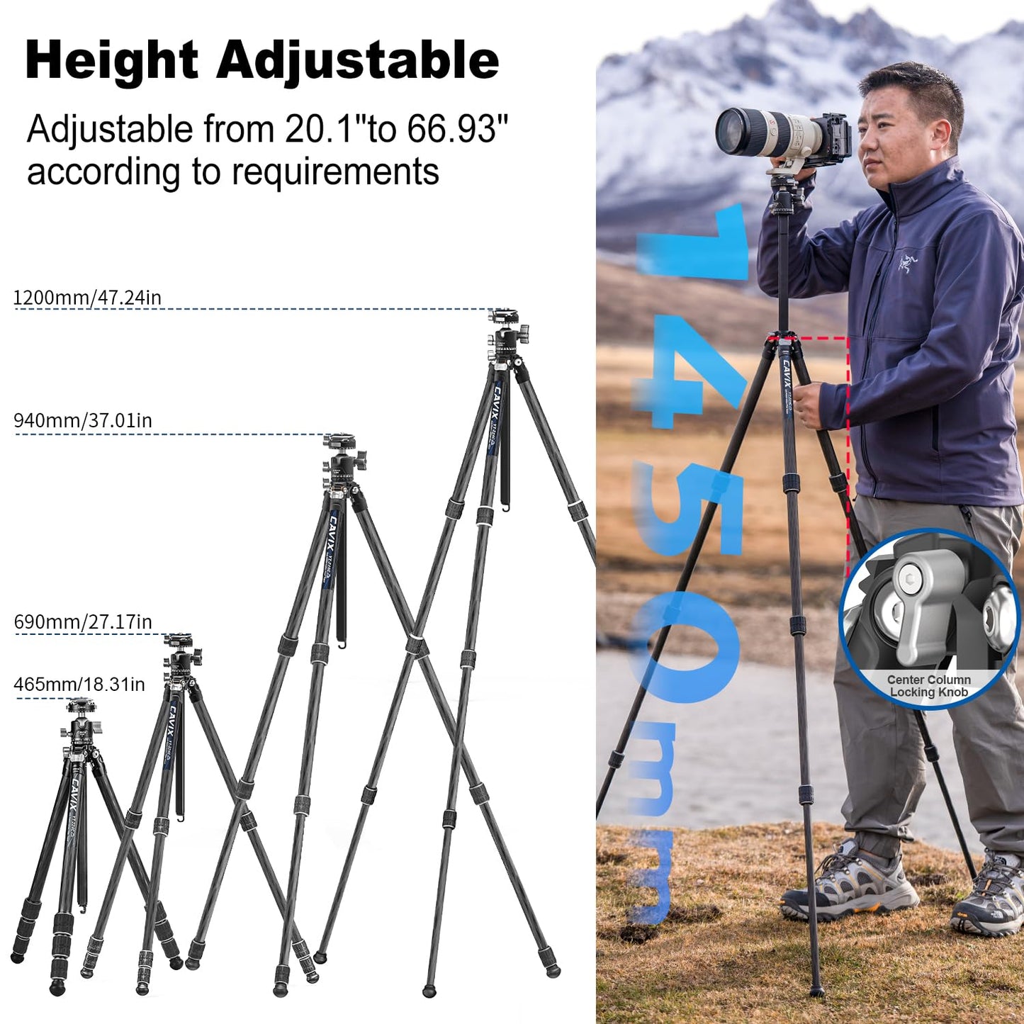 CAVIX Carbon Fiber Tripod, Lightweight Tripod for Camera, 360°Panorama Ball Head, 1/4" Arca Quick Release Plate, Max Load 33lb/15kg, with Portable