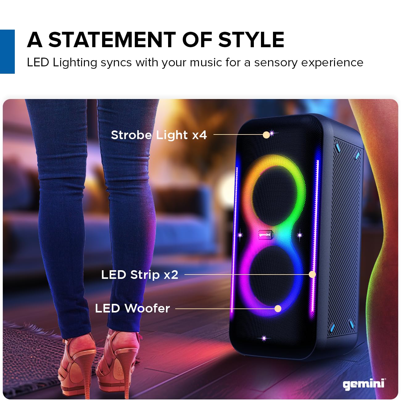 Gemini UltraRave Duo Bluetooth Party Speaker with Dual 6.5" Woofers, LED Lights, Wireless Mic, and Stereo Pairing for Indoor & Outdoor Events