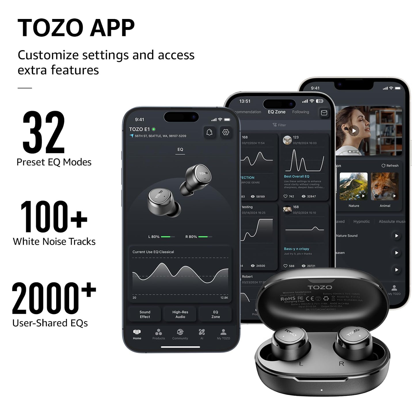 TOZO Wireless Earbuds Build in Mic Clear Calls Ergonomic Light Weight Bluetooth 5.3 in Ear Headphones Waterproof Premium Stereo Sound Ear Buds 30H