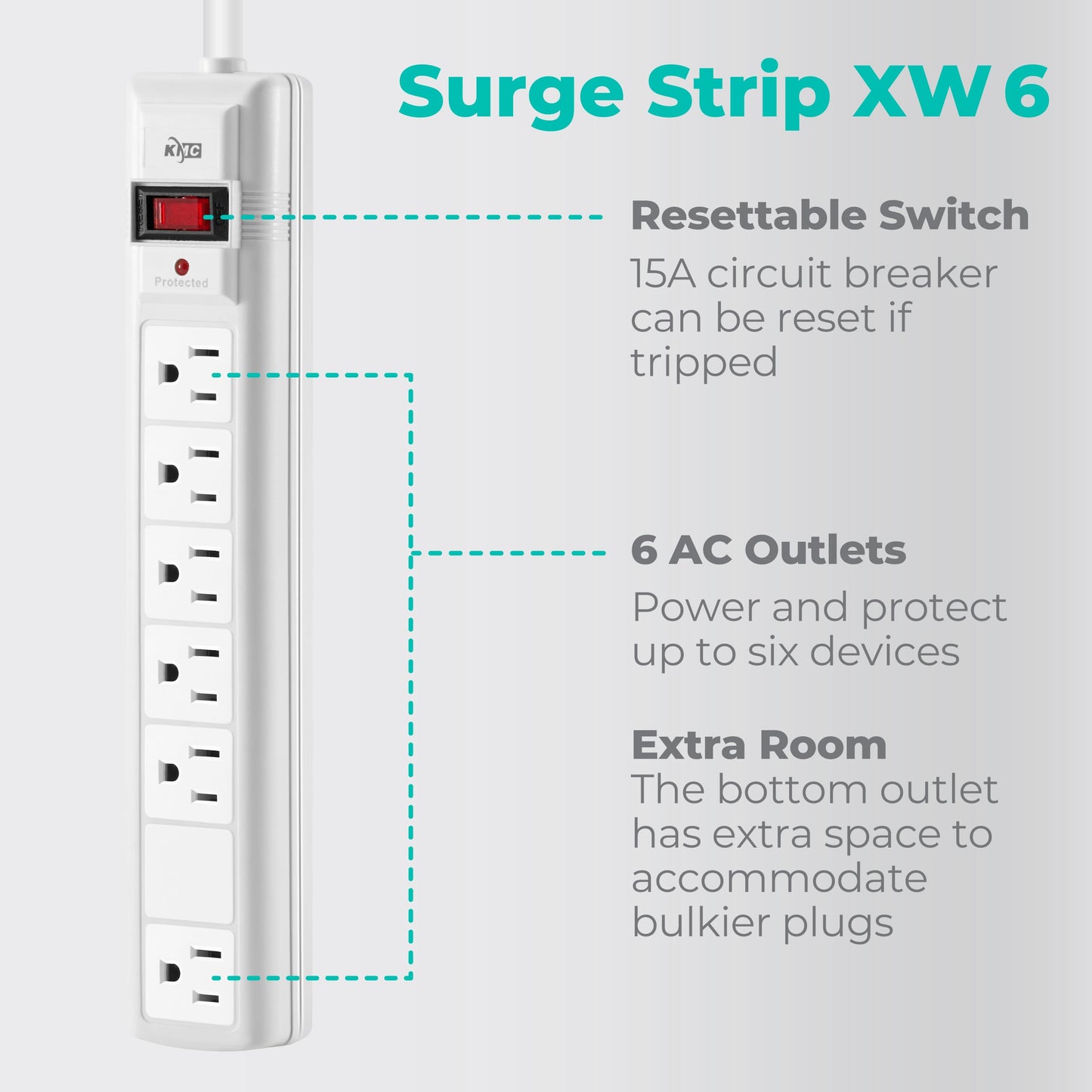 KMC 6-Outlet Surge Protector Power Strip, 2-Pack, 1200 Joules, 6ft Cord, Adapter Spaced Outlet, Overload Protection, White