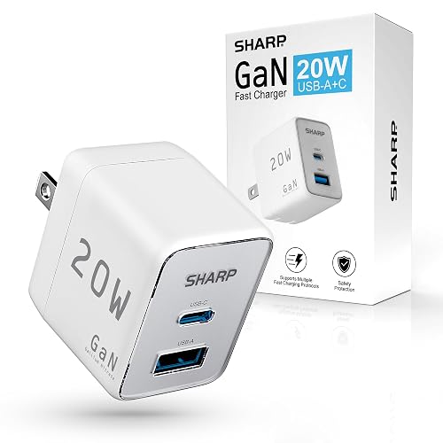 Sharp USB C Charger - 20W, Dual Port (USB A+C) Compact Foldable GaN Fast Charge for iPhone 15/15 Pro/15 Pro Max/14/13/12, Pad Pro/AirPods and More
