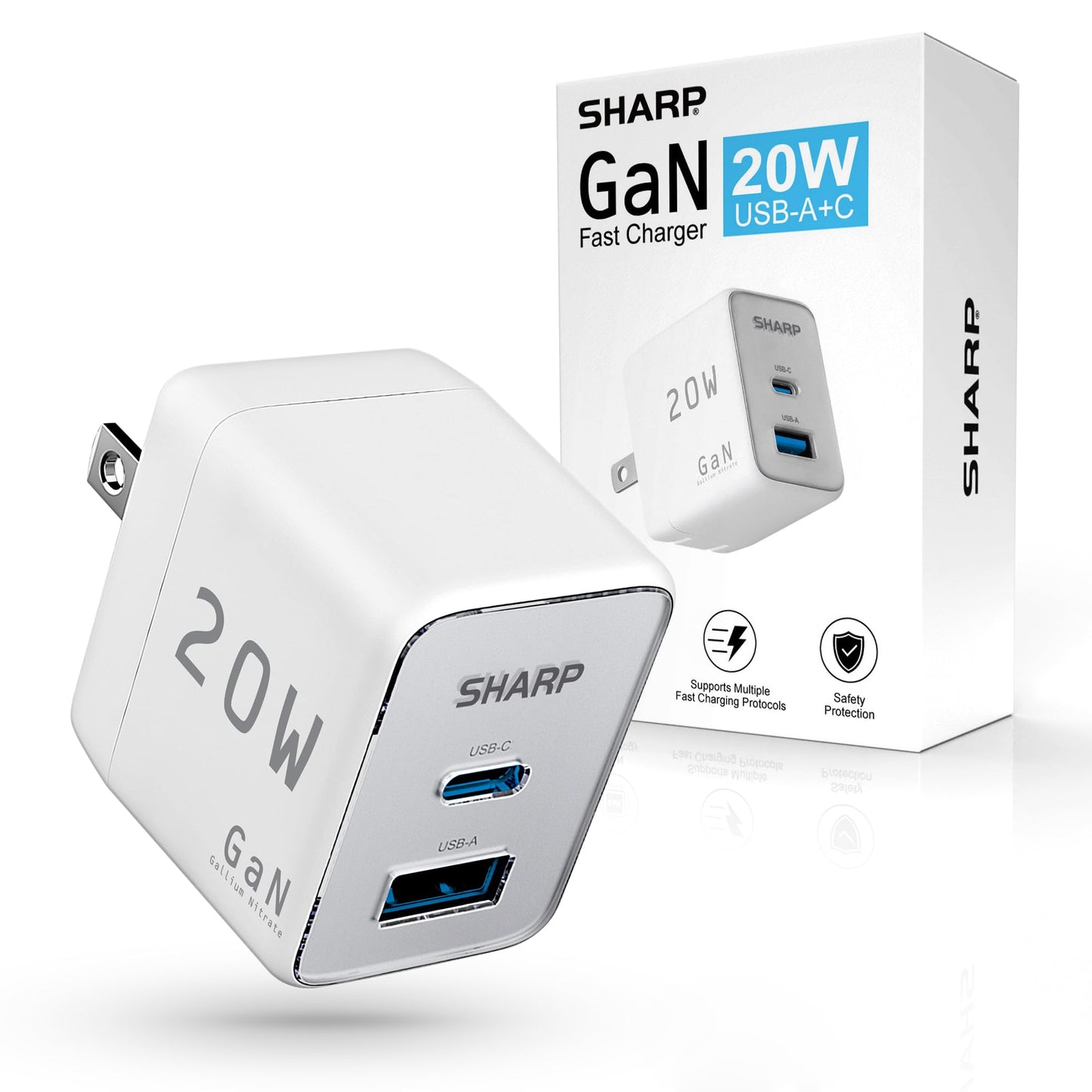 Sharp USB C Charger - 20W, Dual Port (USB A+C) Compact Foldable GaN Fast Charge for iPhone 15/15 Pro/15 Pro Max/14/13/12, Pad Pro/AirPods and More