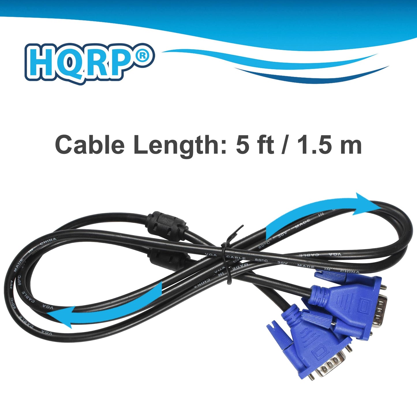 HQRP 5ft / 1.5m VGA/SVGA/Super VGA 15-pin HD15 (M/M) Cable/Cord for TV, PC Monitor, LCD Monitor, Projector, Display