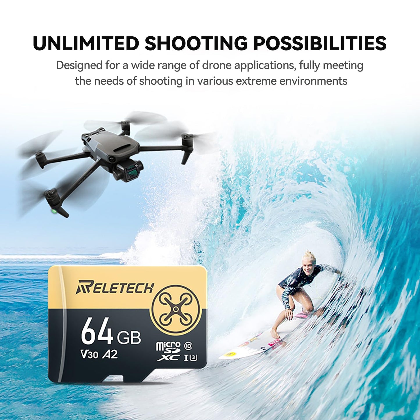 Reletech 64GB TF Card Memory Card with Adapter, 4K Camera Pro, A2 V30 for Smartphone, Gopro, Action Cams, 4K UHD Video, for Nintendo-Switch, Up