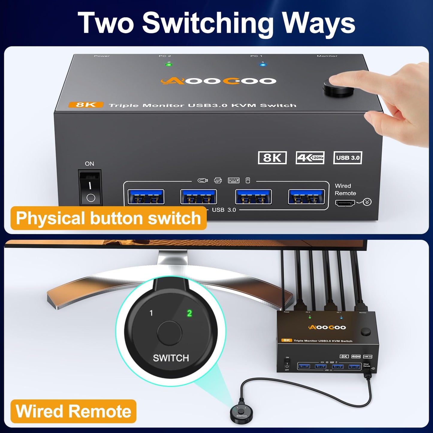 8K@60Hz HDMI Displayport KVM Switch 3 Monitor 2 Computer 4K@144Hz Triple Monitor KVM Switches with USB 3.0 Port,Wired Remote,Power Adapter and USB3.0