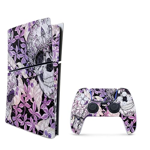 MightySkins Carbon Fiber Skin for PS5 Playstation 5 Slim Digital Edition Bundle - Flower Skull Protective, Durable Textured Carbon Fiber Finish Easy