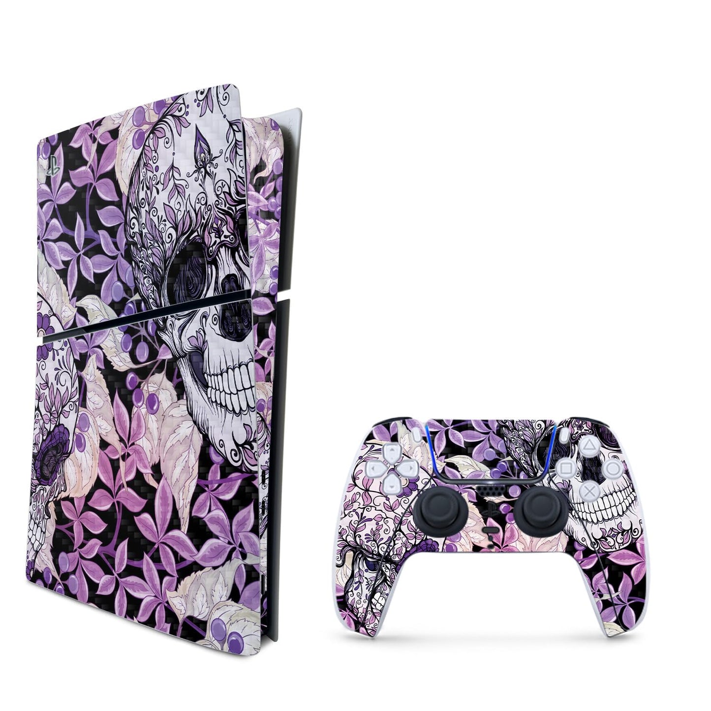MightySkins Carbon Fiber Skin for PS5 Playstation 5 Slim Digital Edition Bundle - Flower Skull Protective, Durable Textured Carbon Fiber Finish Easy