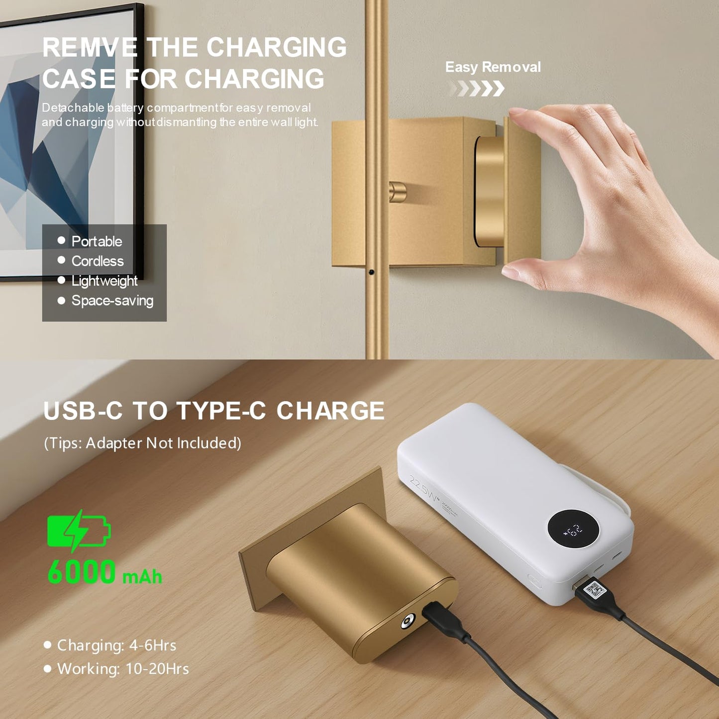 Battery Operated Wall Sconces Set of 2, USB Rechargeable Wall Lights with Remote Control, 360° Rotation, 6000mAh, Dimmable Touch Wireless Wall Sconce